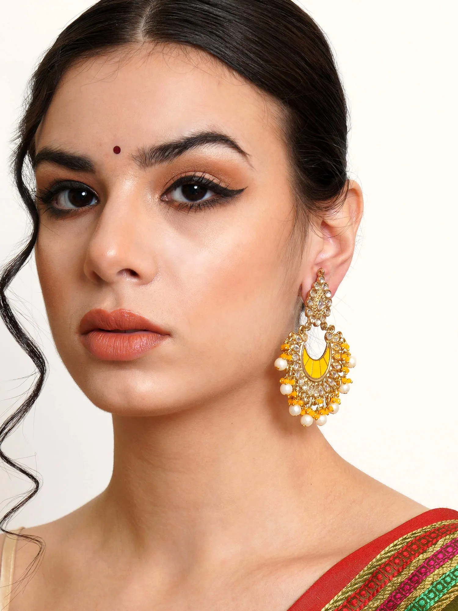 Karatcart Gold Plated Yellow Meena Kundan Chandbali Earrings for Women