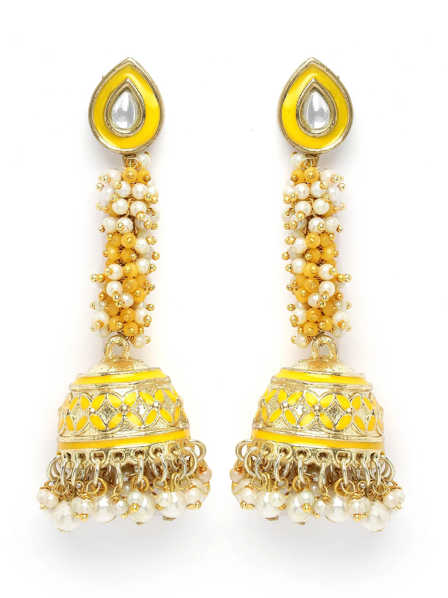 Karatcart Gold Plated Yellow Meena Kundan Jhumki Earrings for Women