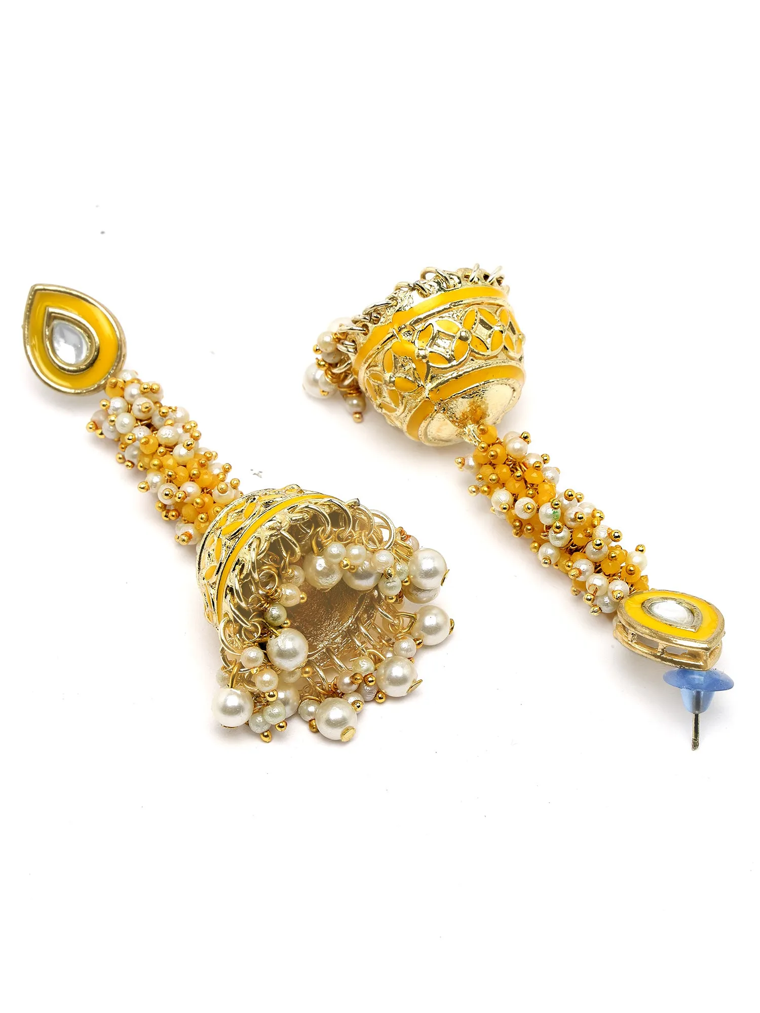 Karatcart Gold Plated Yellow Meena Kundan Jhumki Earrings for Women