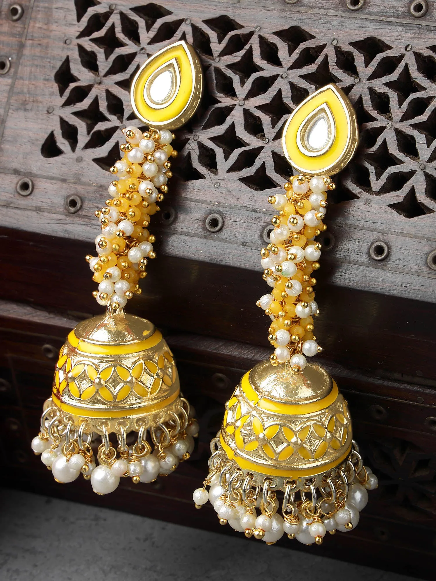 Karatcart Gold Plated Yellow Meena Kundan Jhumki Earrings for Women