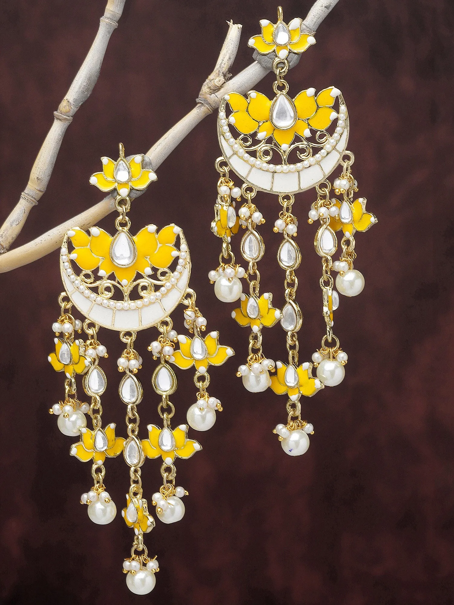 Karatcart Gold Plated Yellow Meena Lotus Design Kundan Dangler Earring for Women