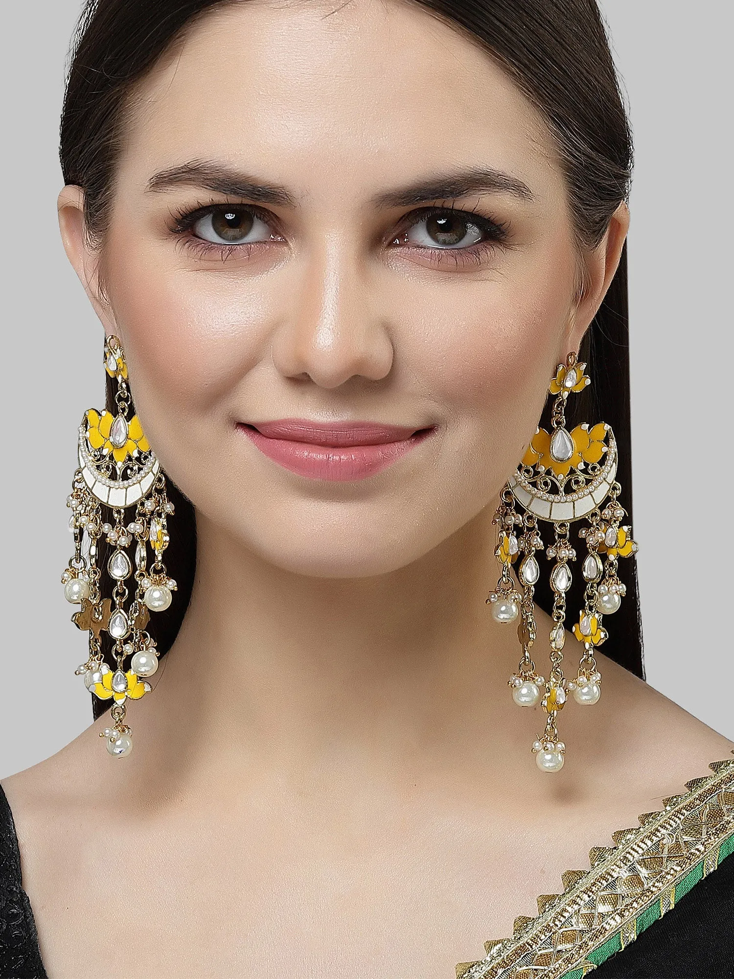 Karatcart Gold Plated Yellow Meena Lotus Design Kundan Dangler Earring for Women