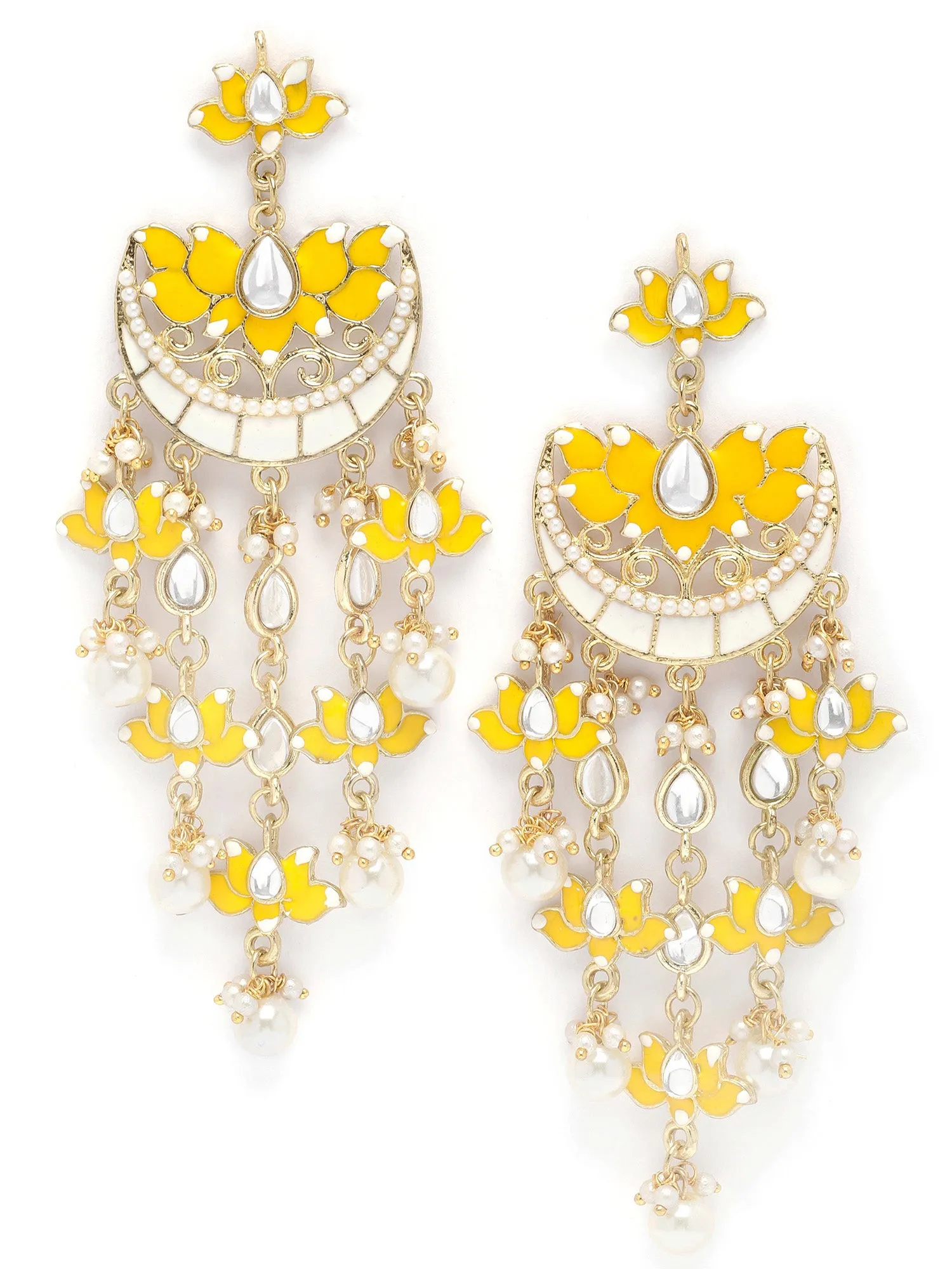 Karatcart Gold Plated Yellow Meena Lotus Design Kundan Dangler Earring for Women