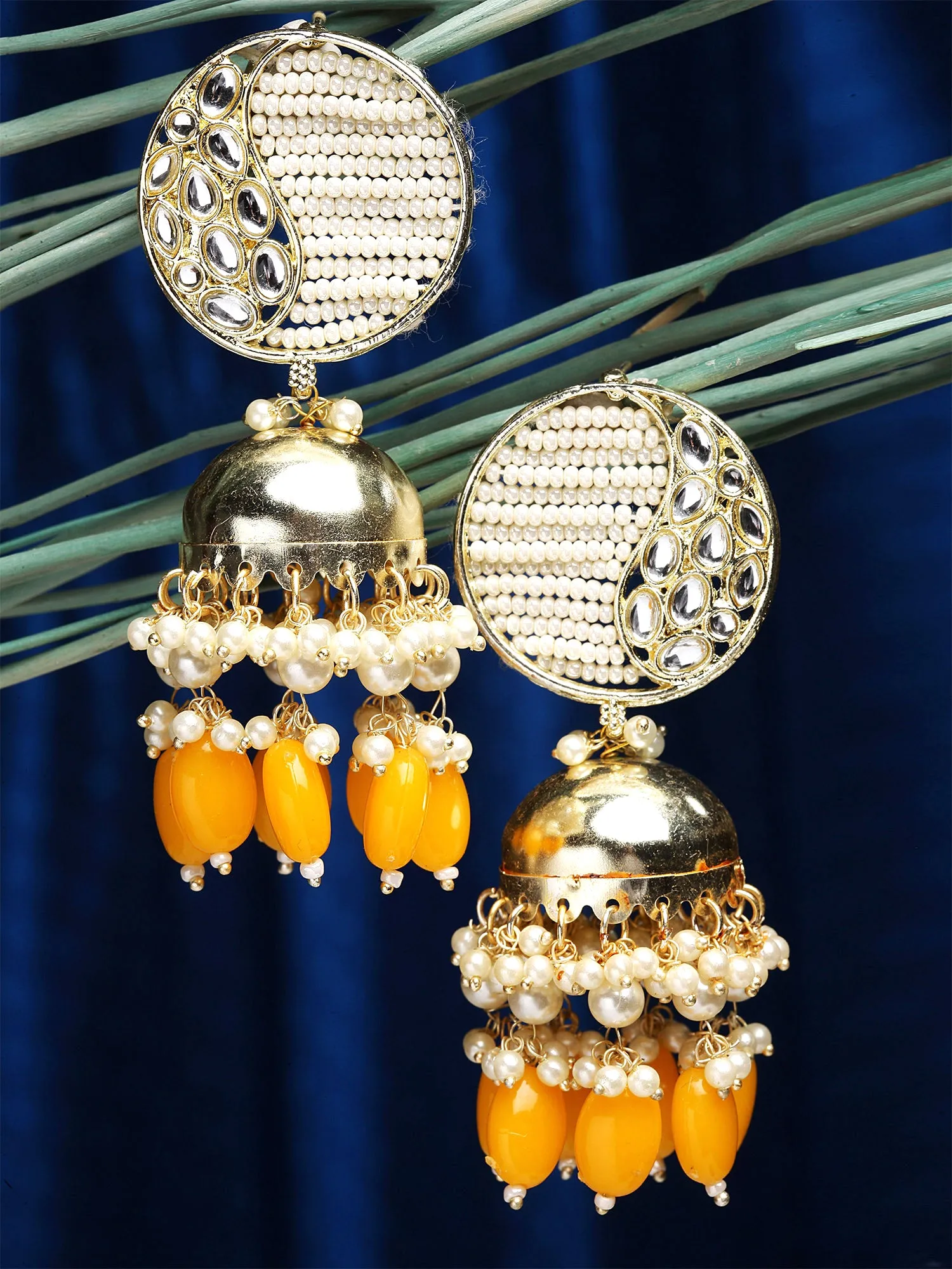 Karatcart Gold Plated Yellow Tumble and Pearl Studded Kundan Jhumki Earrings for Women