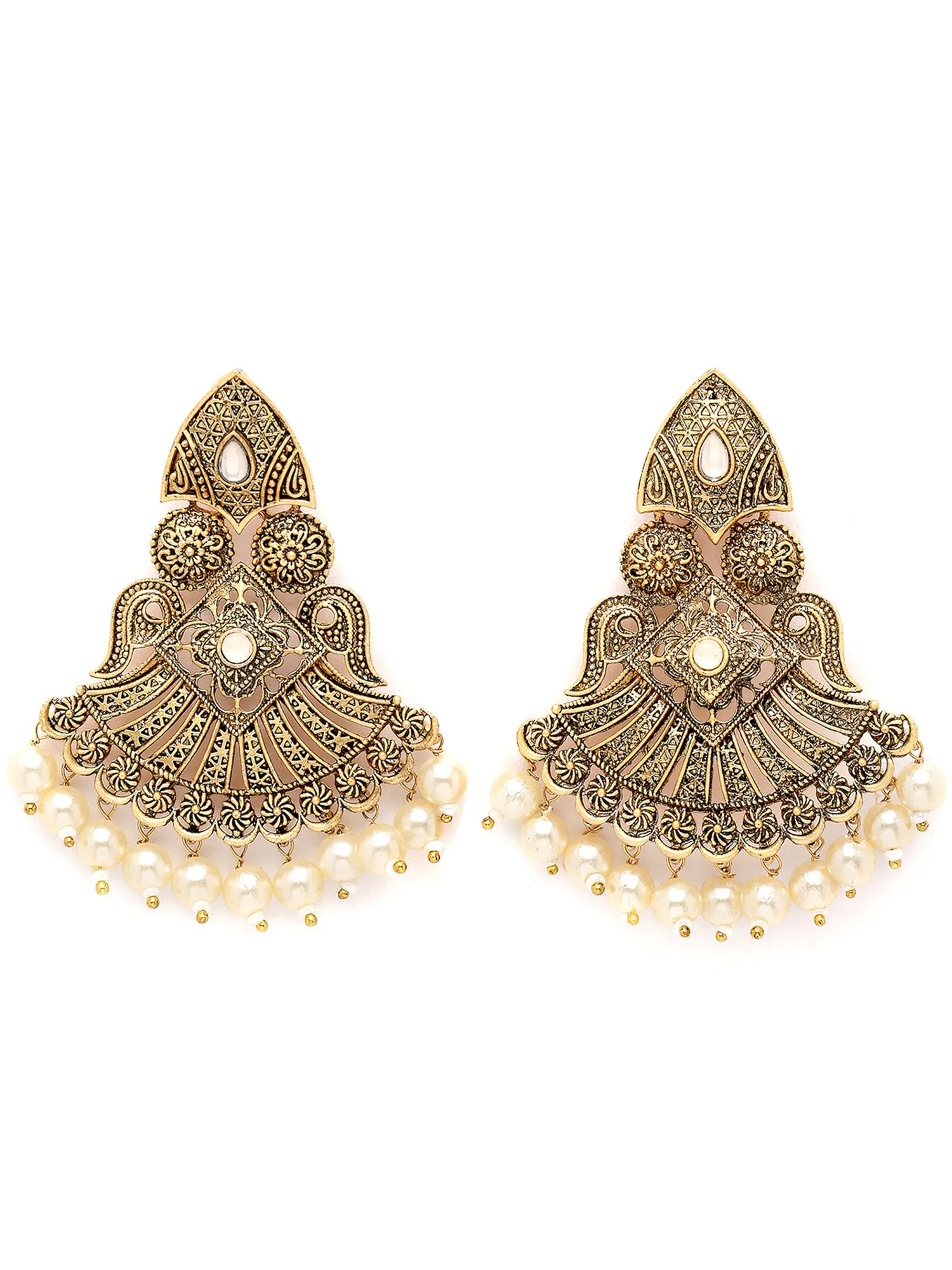 Karatcart Golden Pearl and Kundan Studded Gold Plated Dangler Earrings for Women