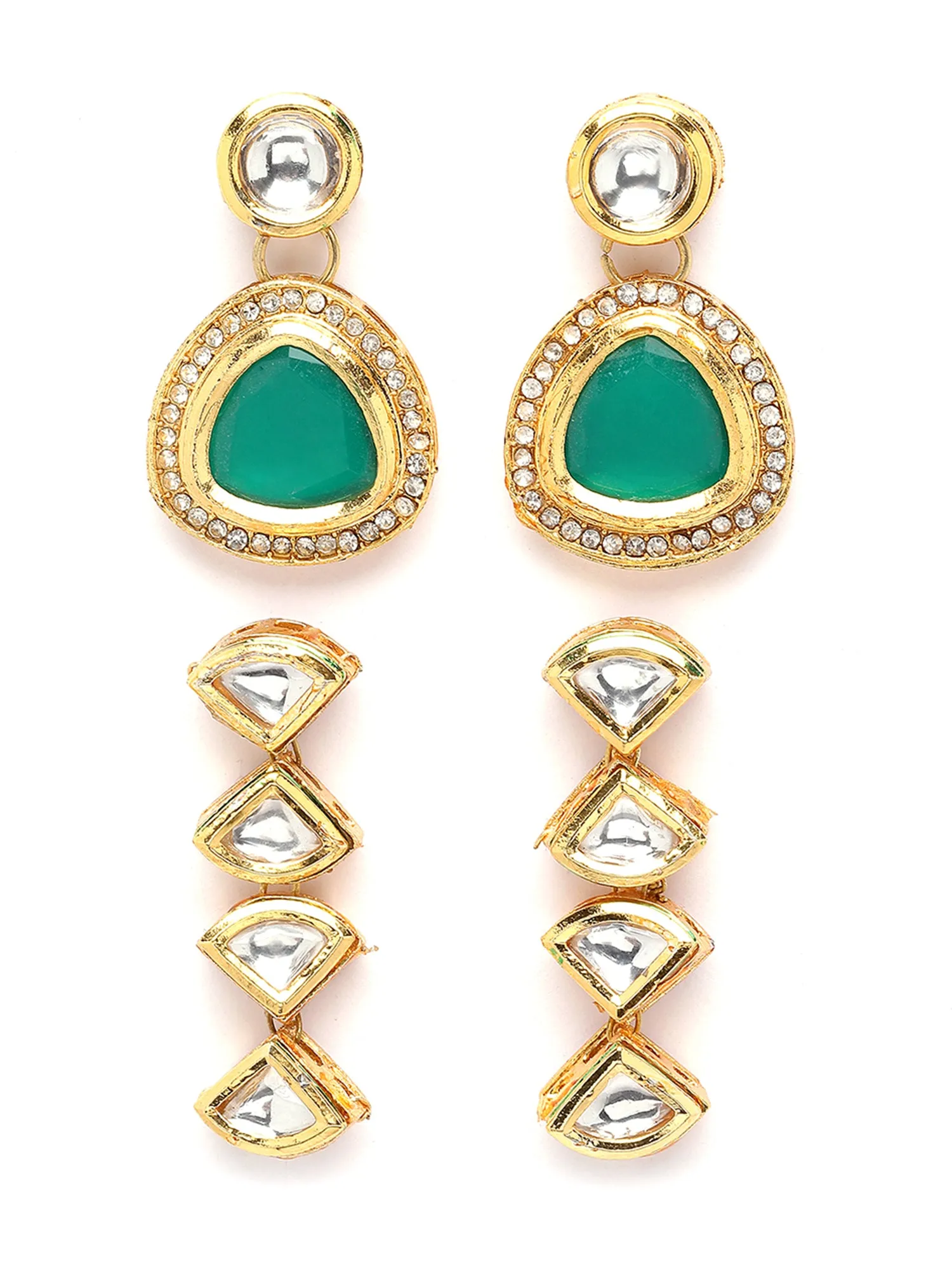 Karatcart Green and Gold Set of 2 Polki Kundan Drop Earrings for Women