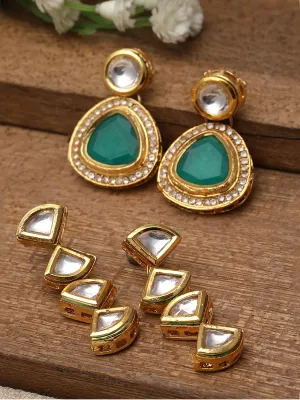 Karatcart Green and Gold Set of 2 Polki Kundan Drop Earrings for Women