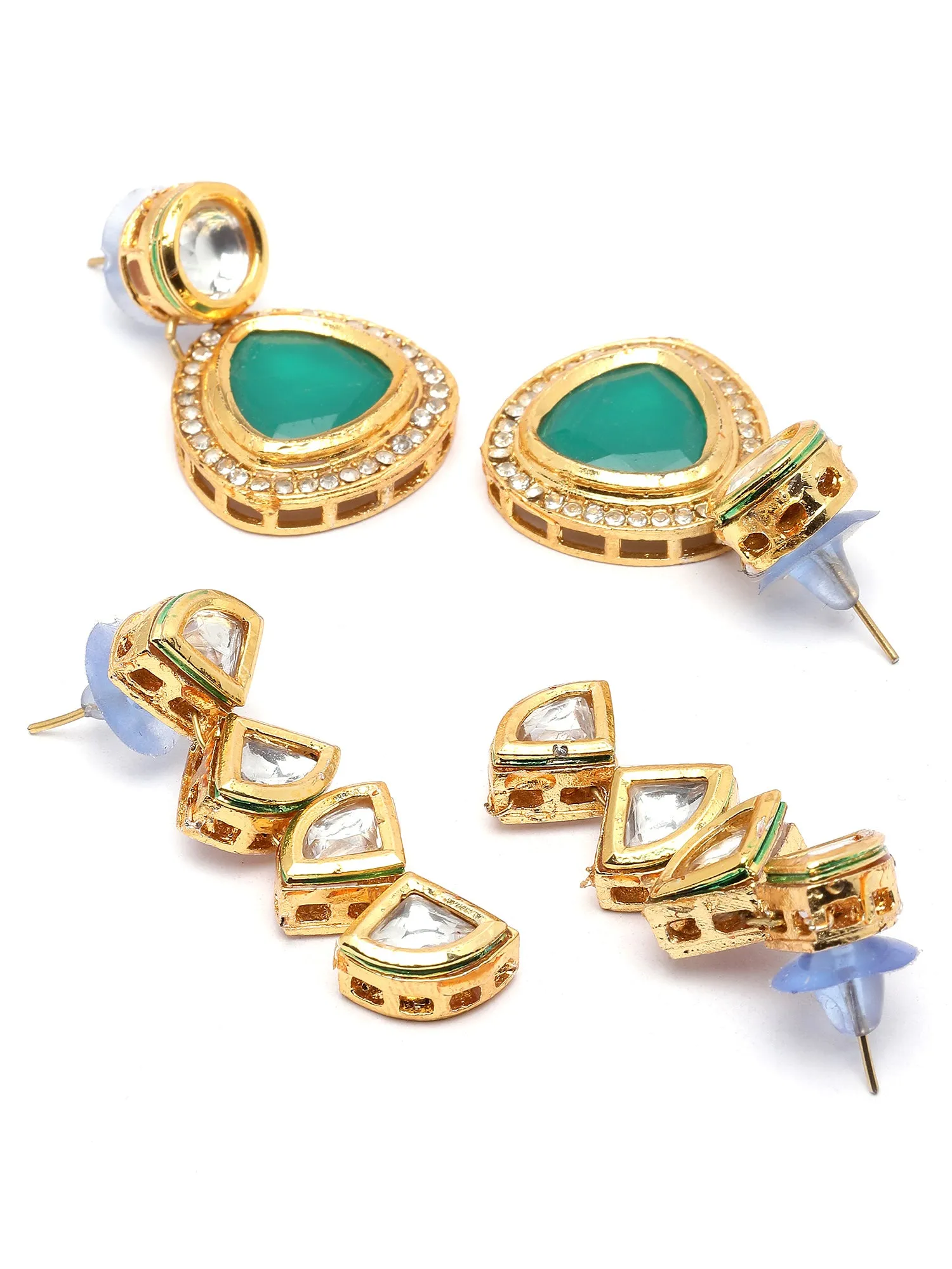 Karatcart Green and Gold Set of 2 Polki Kundan Drop Earrings for Women