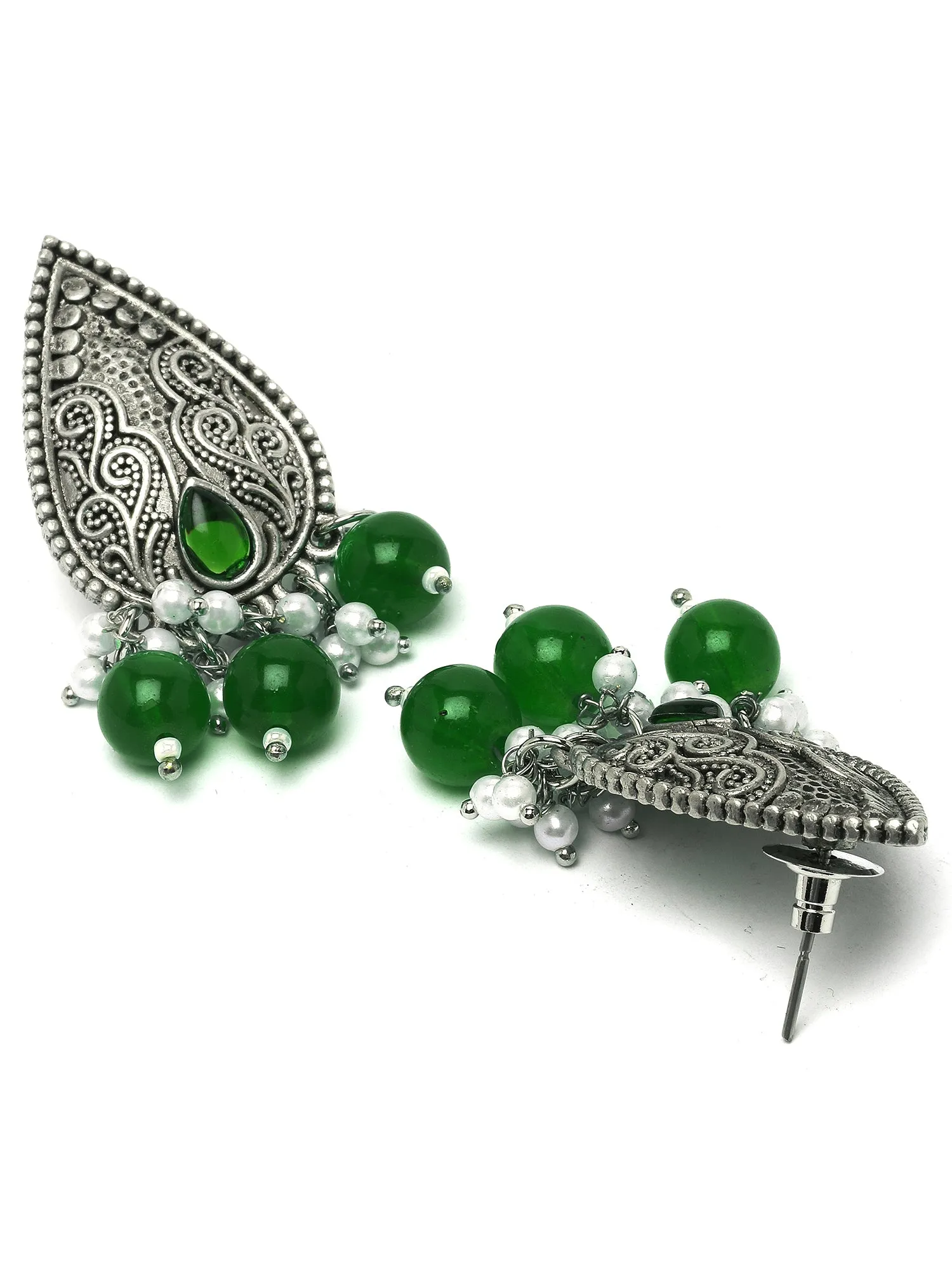 Karatcart Green Beads Oxidised Silver Jaipuri Choker Necklace Set for Women