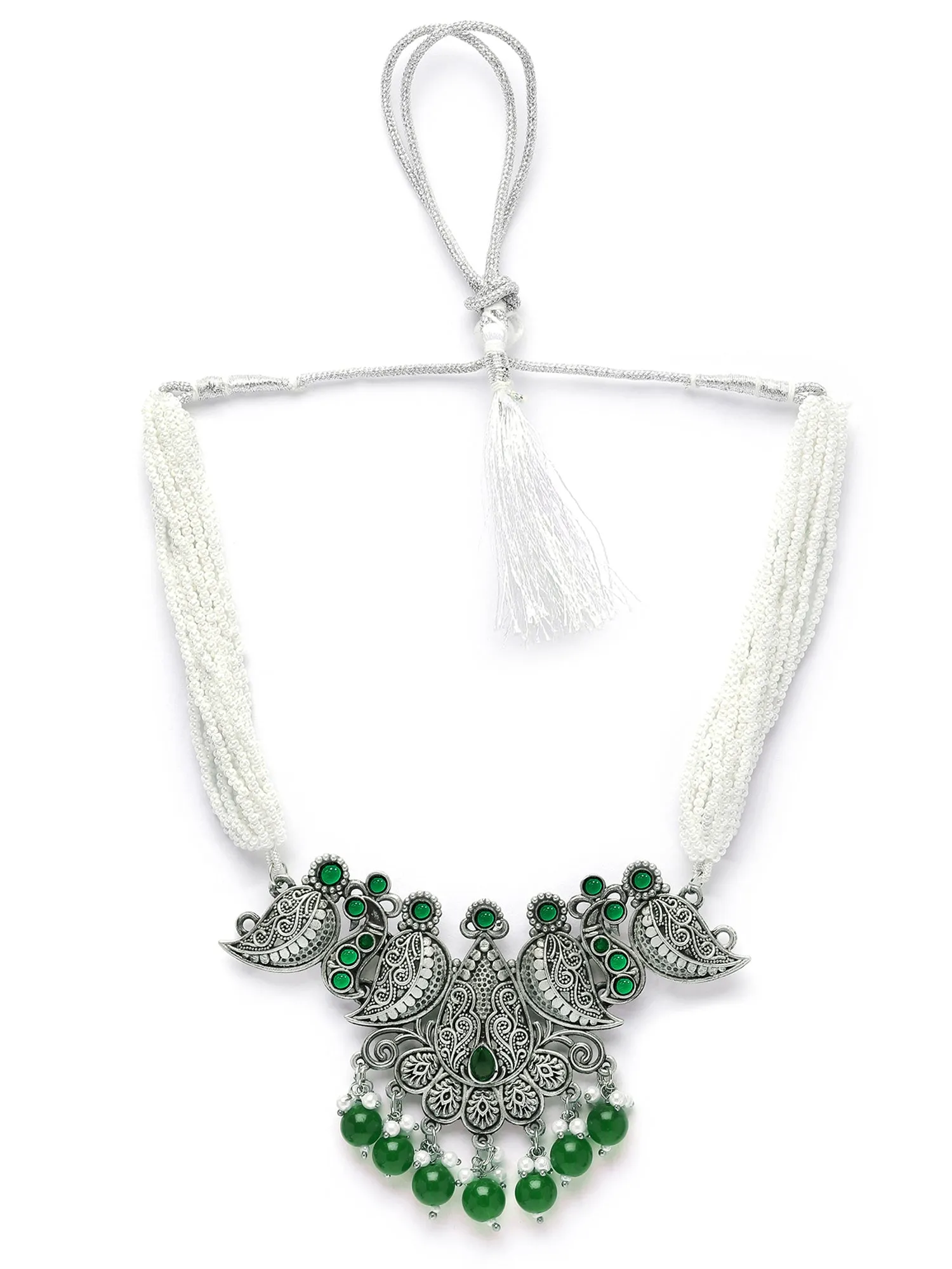 Karatcart Green Beads Oxidised Silver Jaipuri Choker Necklace Set for Women