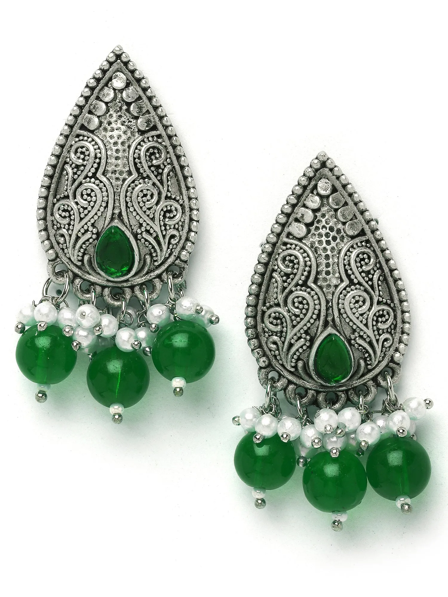 Karatcart Green Beads Oxidised Silver Jaipuri Choker Necklace Set for Women