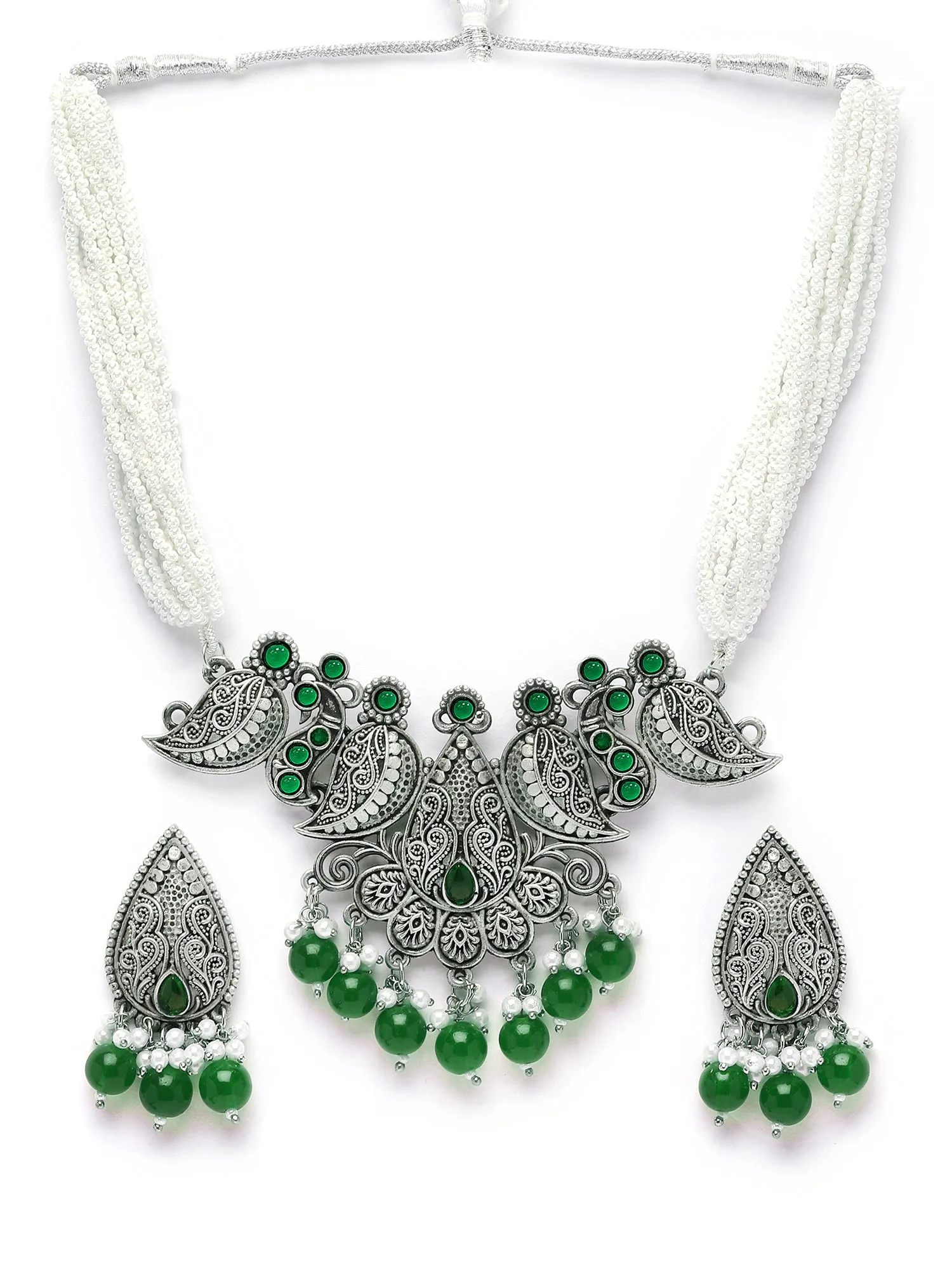 Karatcart Green Beads Oxidised Silver Jaipuri Choker Necklace Set for Women