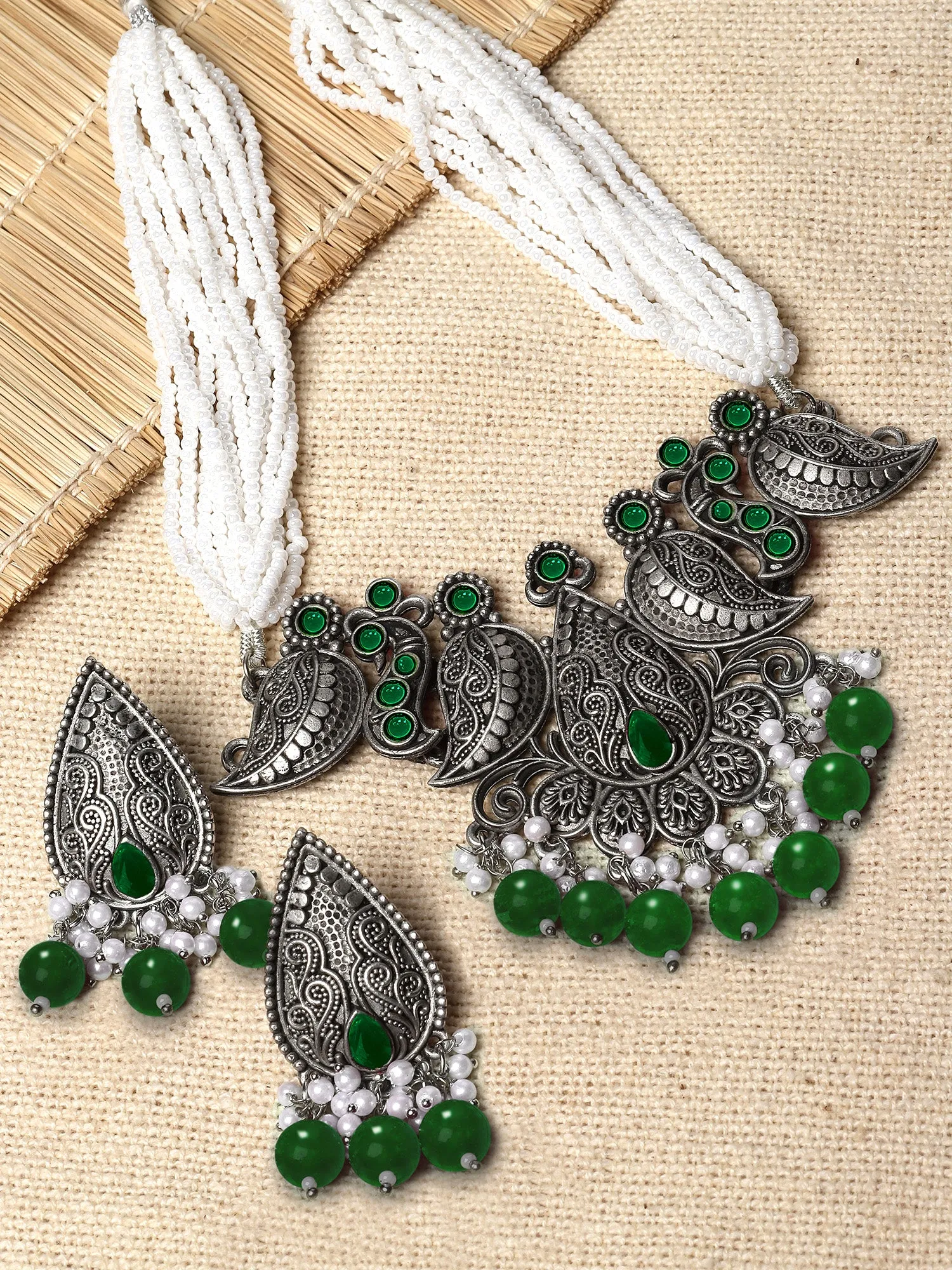 Karatcart Green Beads Oxidised Silver Jaipuri Choker Necklace Set for Women