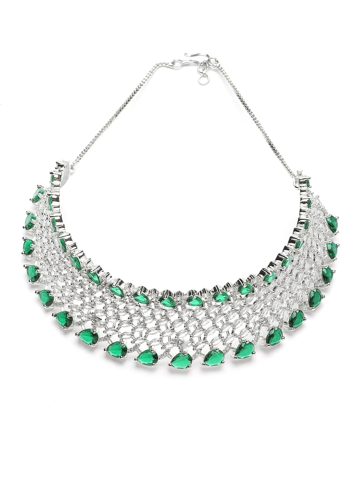 Karatcart Green Cubic Zirconia Silver Plated Choker Necklace Set for Women