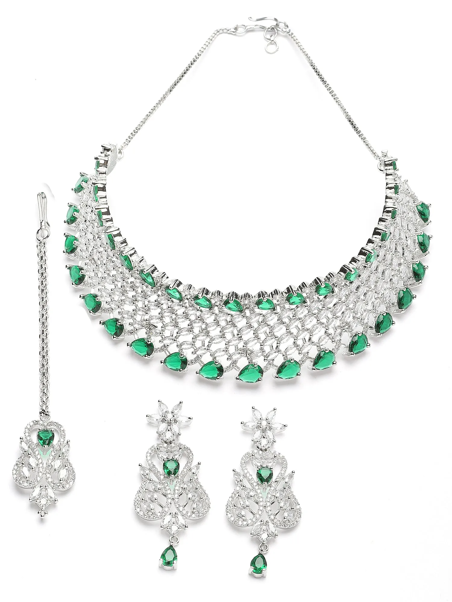 Karatcart Green Cubic Zirconia Silver Plated Choker Necklace Set for Women