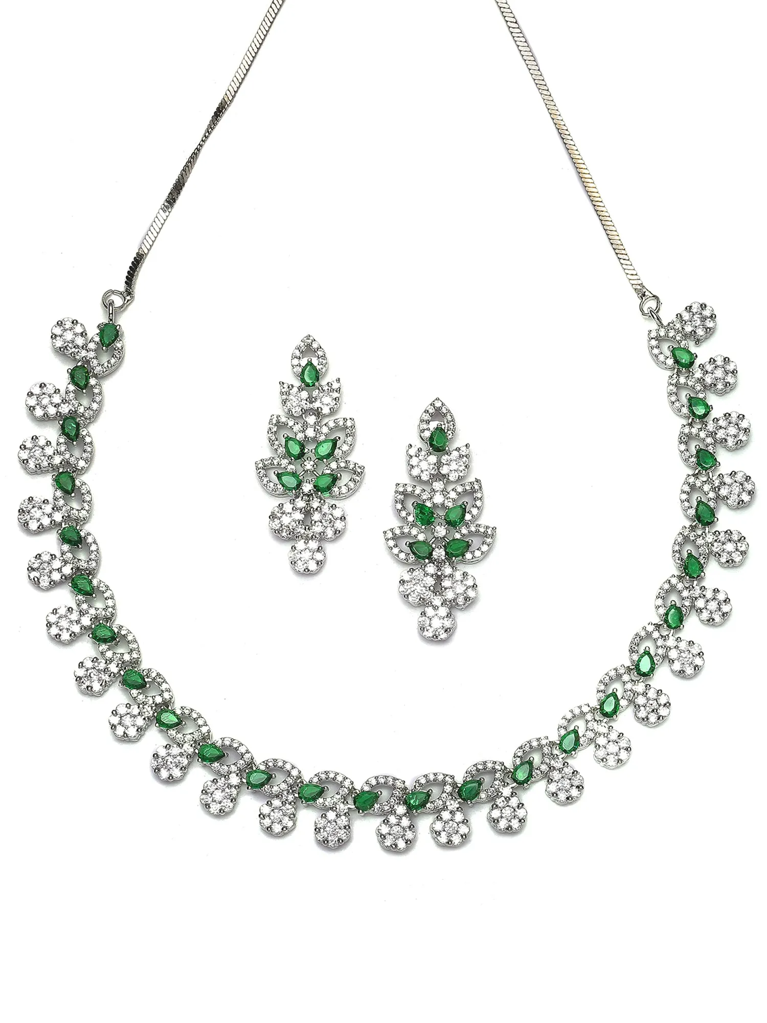 Karatcart Green Cubic Zirconia Studded Leaf Design Silver Plated Necklace Set for Women