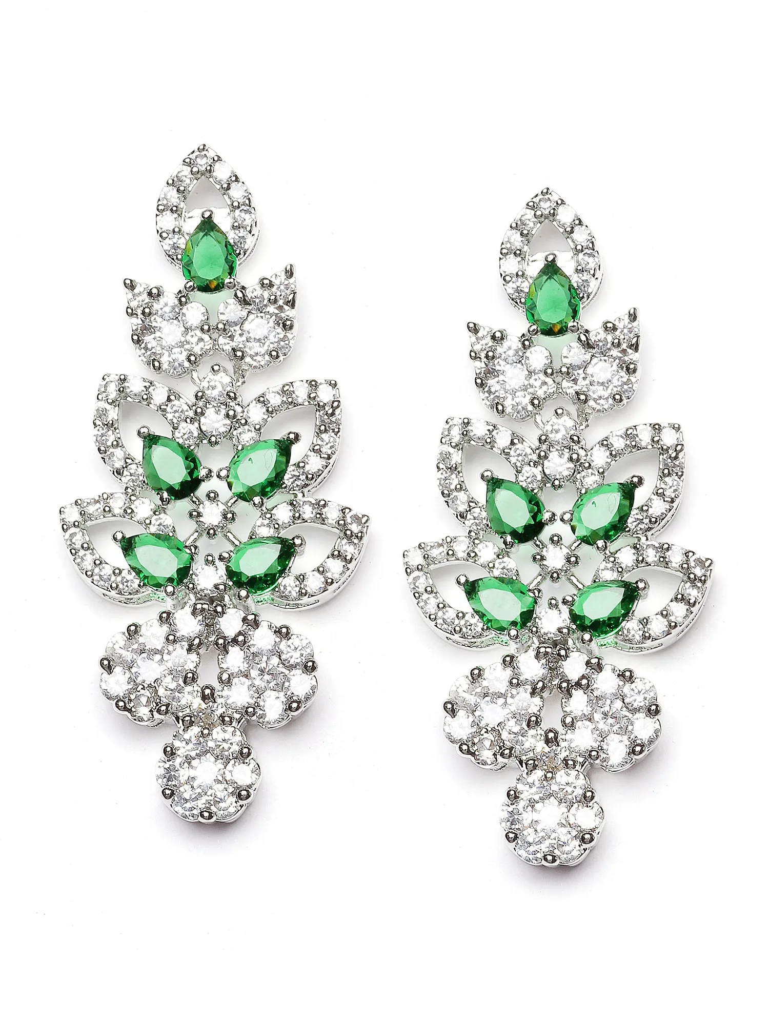 Karatcart Green Cubic Zirconia Studded Leaf Design Silver Plated Necklace Set for Women