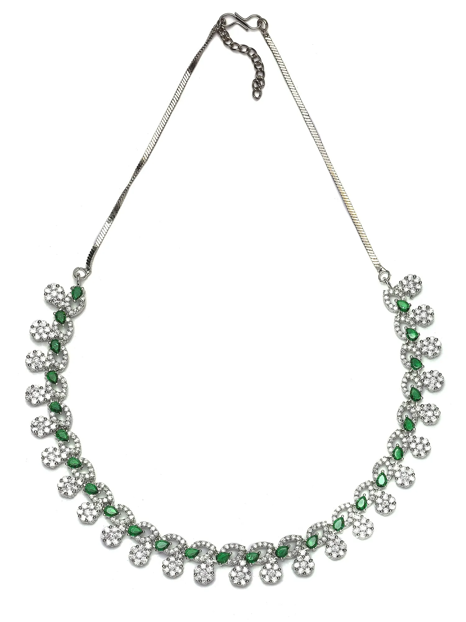 Karatcart Green Cubic Zirconia Studded Leaf Design Silver Plated Necklace Set for Women
