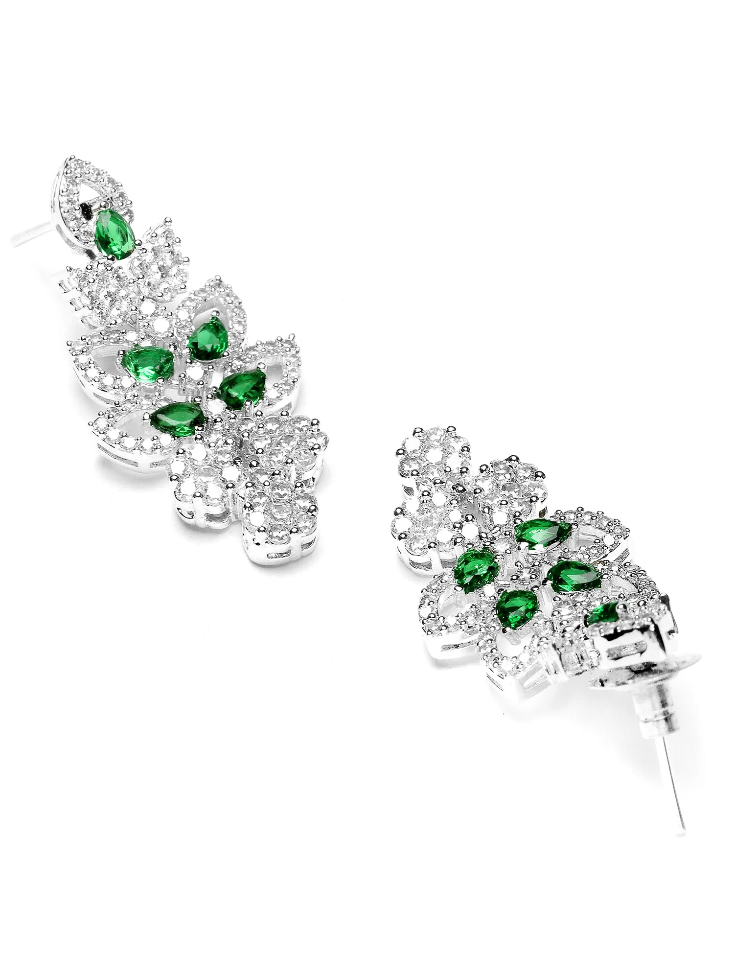 Karatcart Green Cubic Zirconia Studded Leaf Design Silver Plated Necklace Set for Women