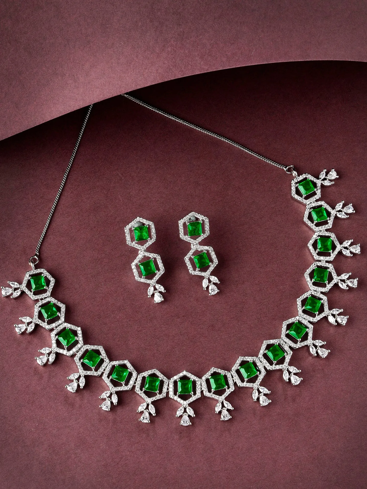 Karatcart Green Cubic Zirconia Studded Light Weight Jewellery Set for Women