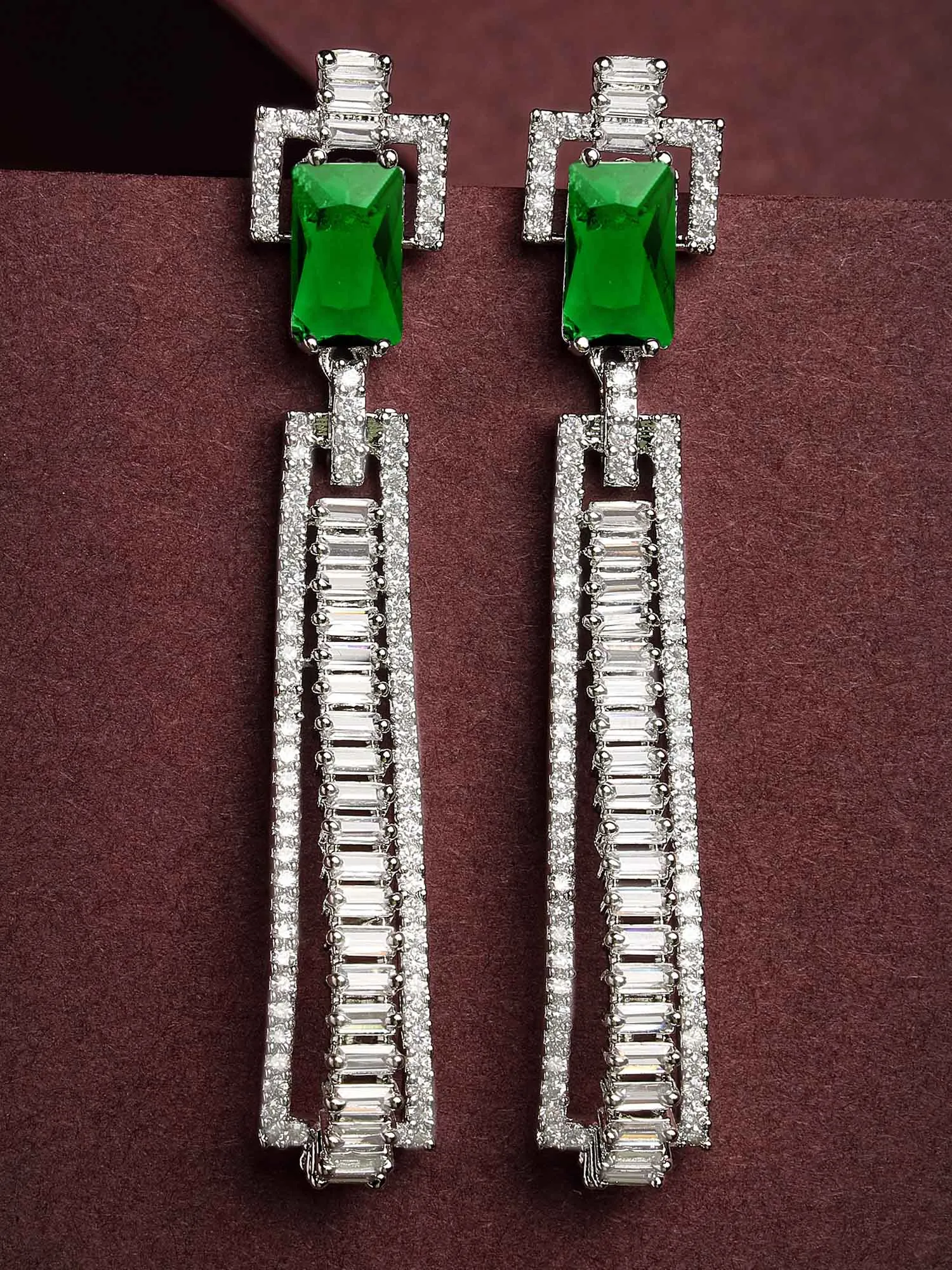 Karatcart Green Cubic Zirconia Studded Silver Plated Drop Earrings for Women