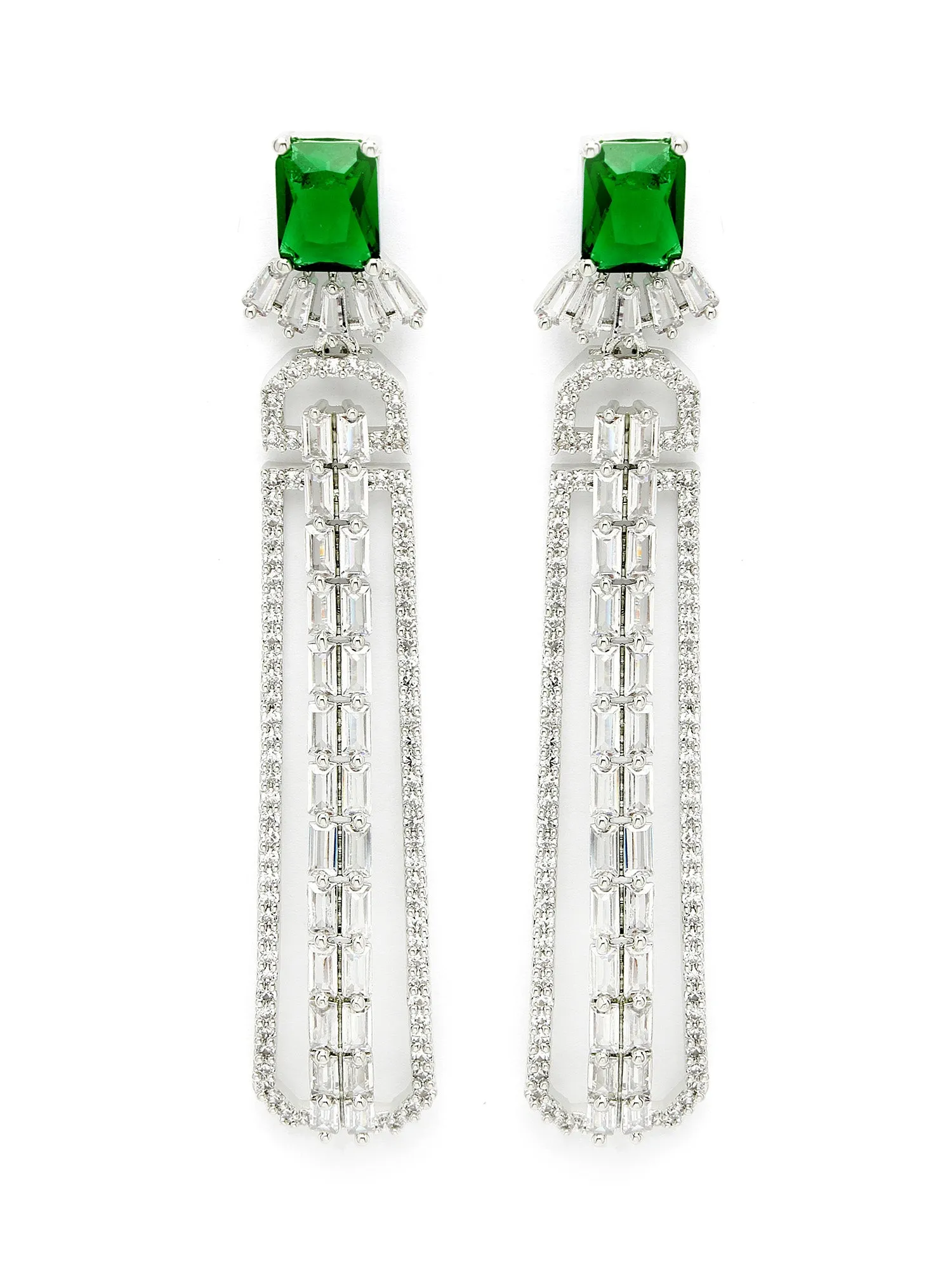Karatcart Green Cubic Zirconia Studded Silver Plated Long Drop Earrings for Women