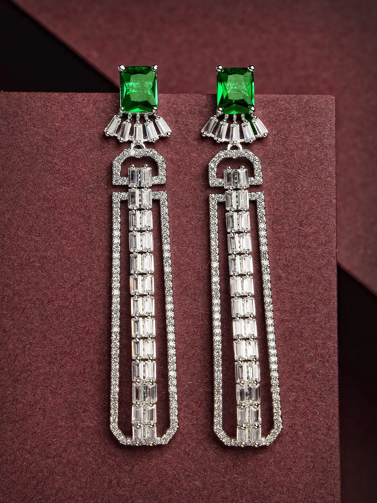 Karatcart Green Cubic Zirconia Studded Silver Plated Long Drop Earrings for Women