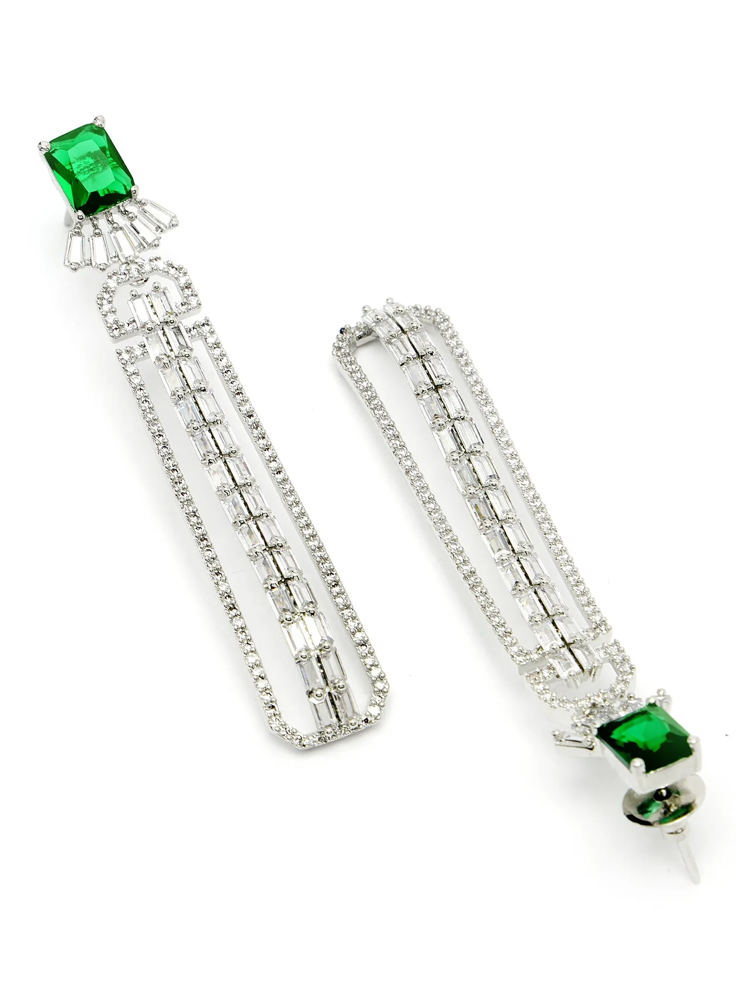 Karatcart Green Cubic Zirconia Studded Silver Plated Long Drop Earrings for Women