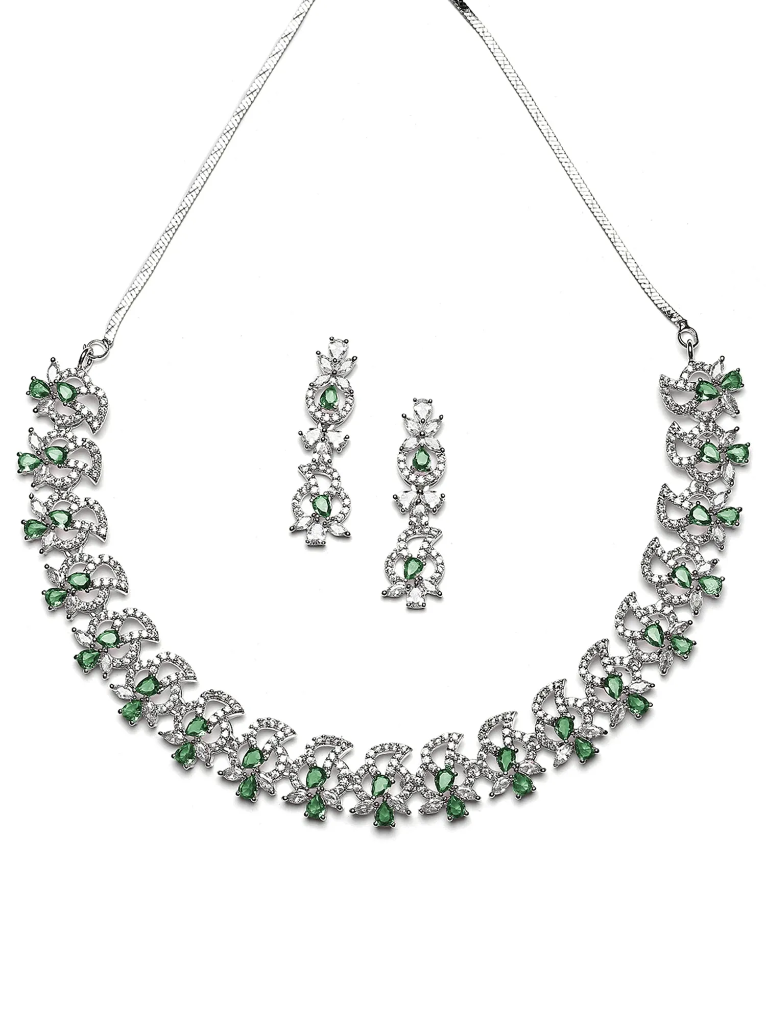 Karatcart Green Cubic Zirconia Studded Silver Plated Necklace Set for Women