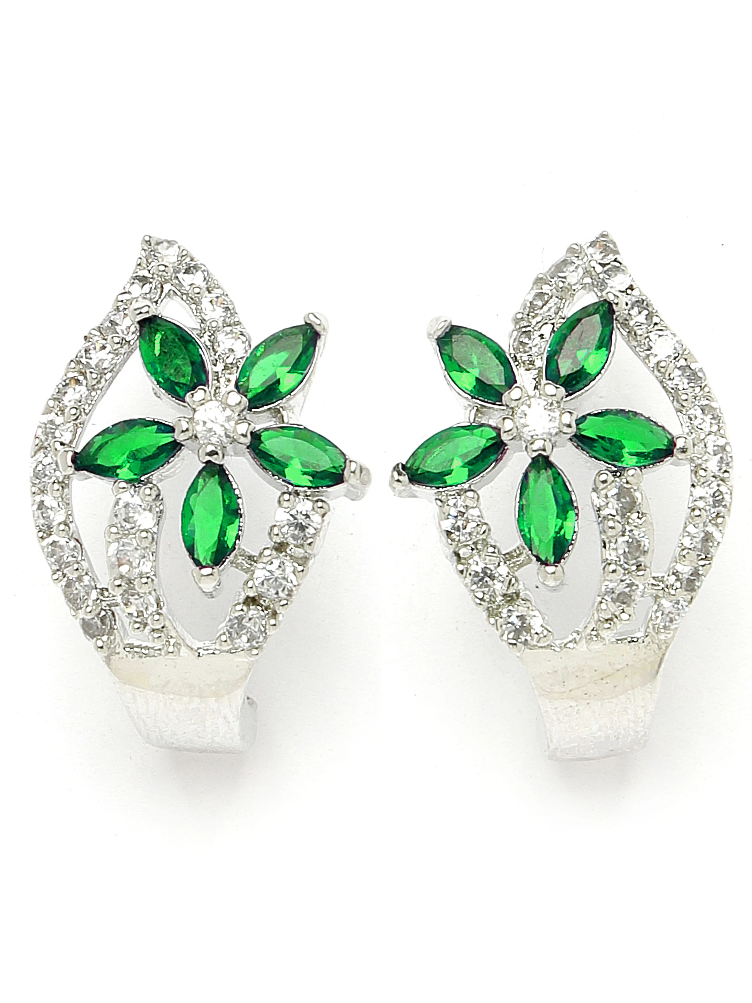 Karatcart Green Stones Silver Plated Floral Design AD Stud Earrings for Women