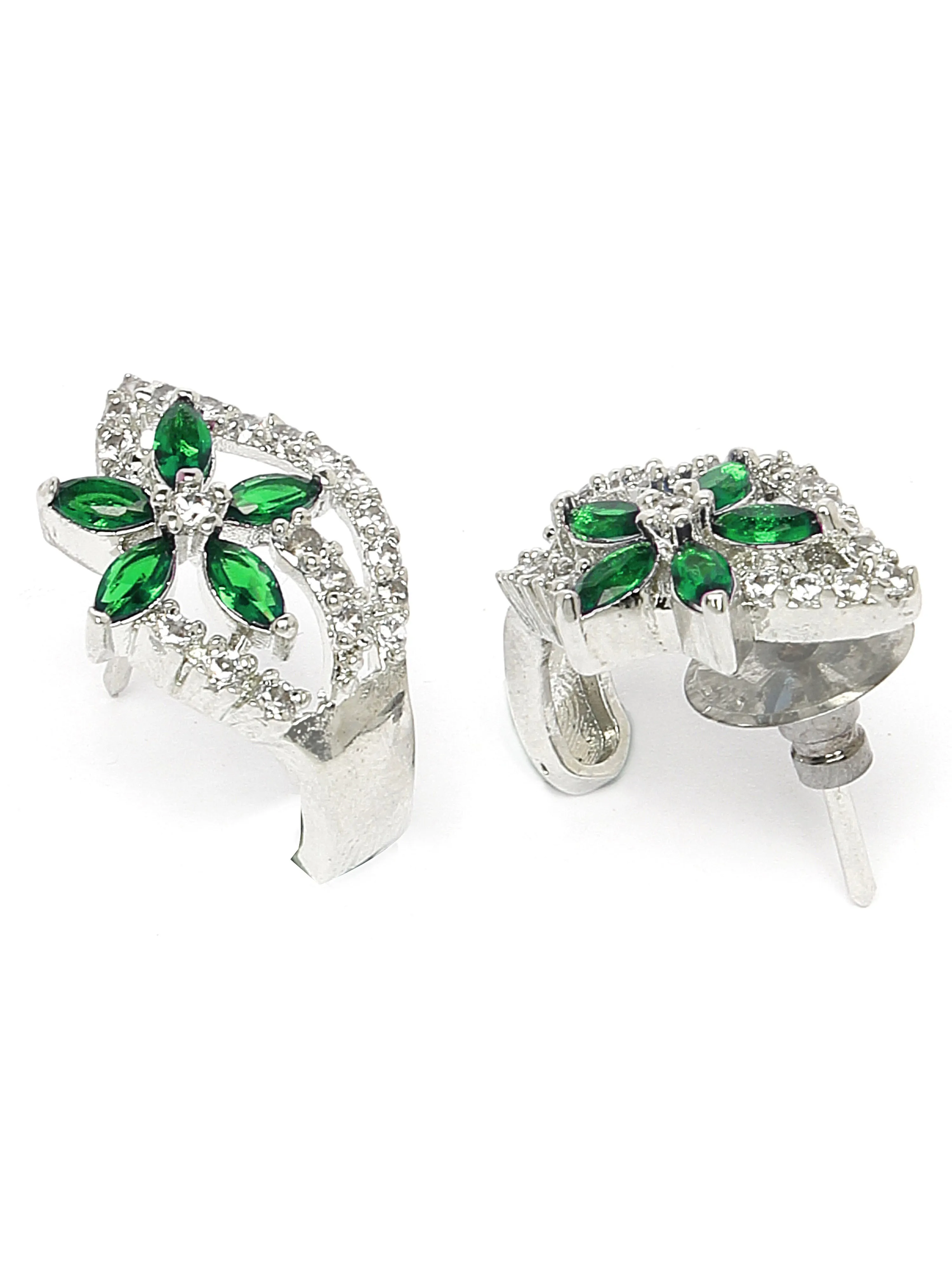 Karatcart Green Stones Silver Plated Floral Design AD Stud Earrings for Women