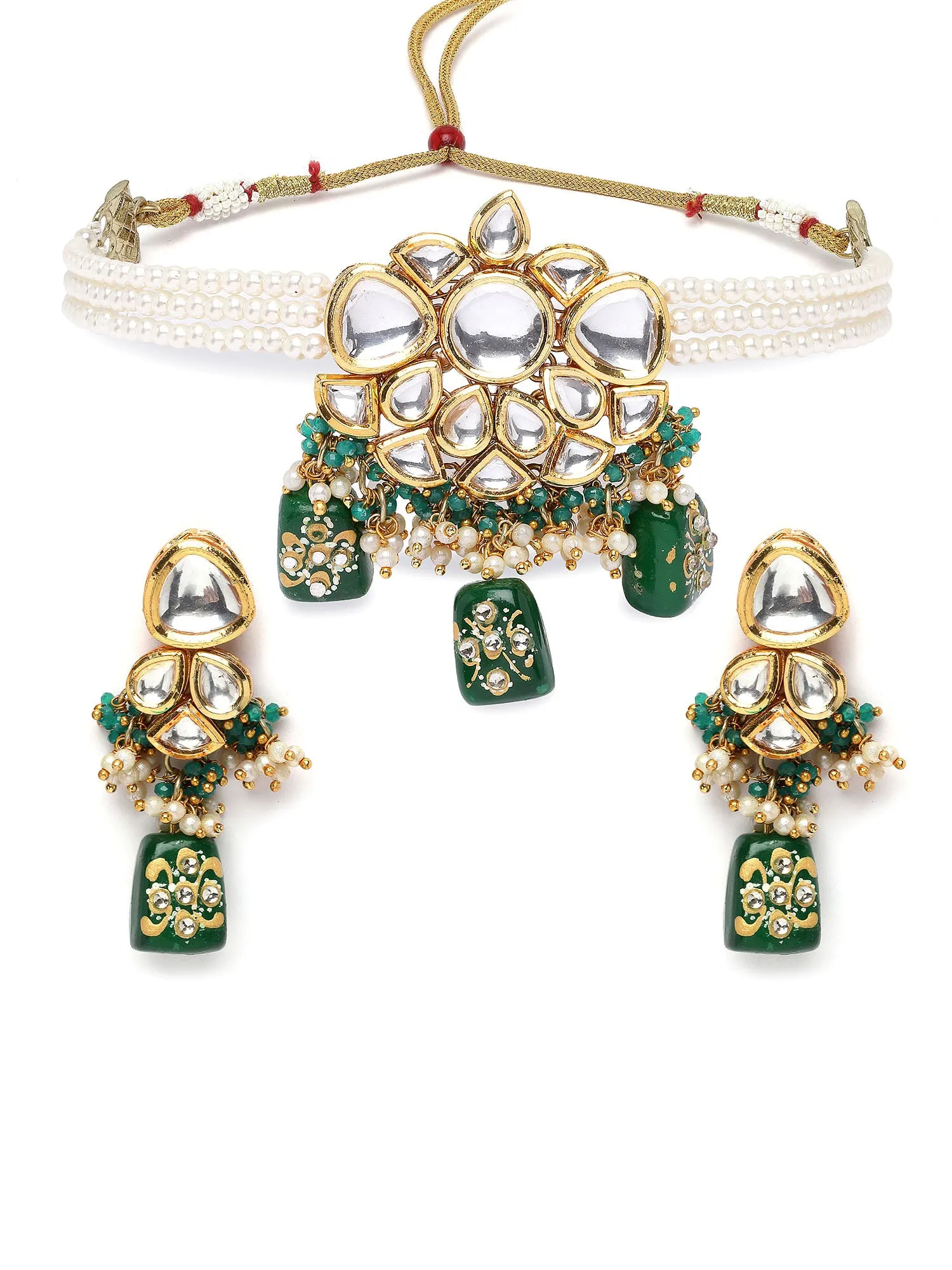 Karatcart Green Tumble Studded Polki Kundan Pearl Choker Necklace Set for Women