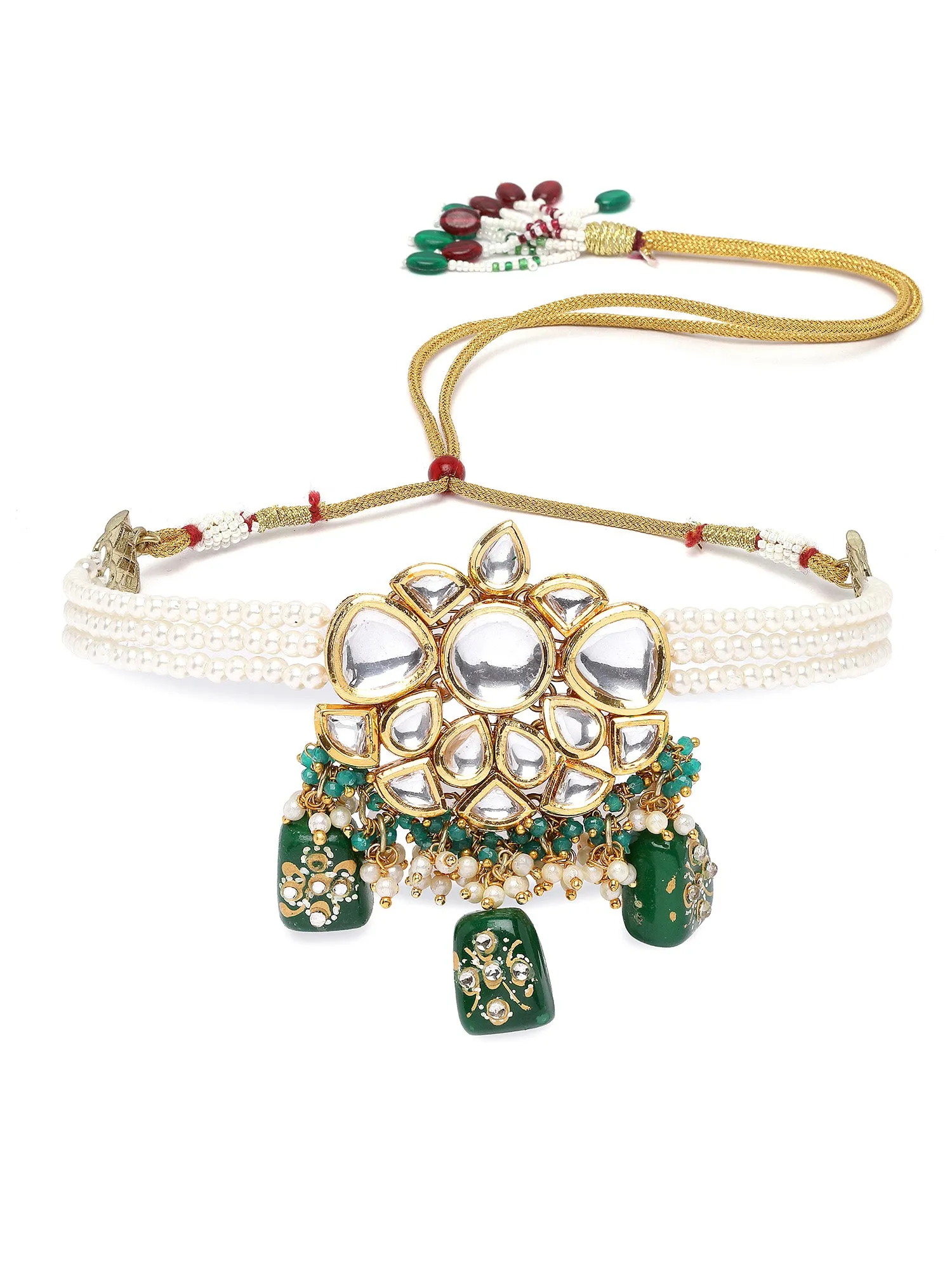 Karatcart Green Tumble Studded Polki Kundan Pearl Choker Necklace Set for Women