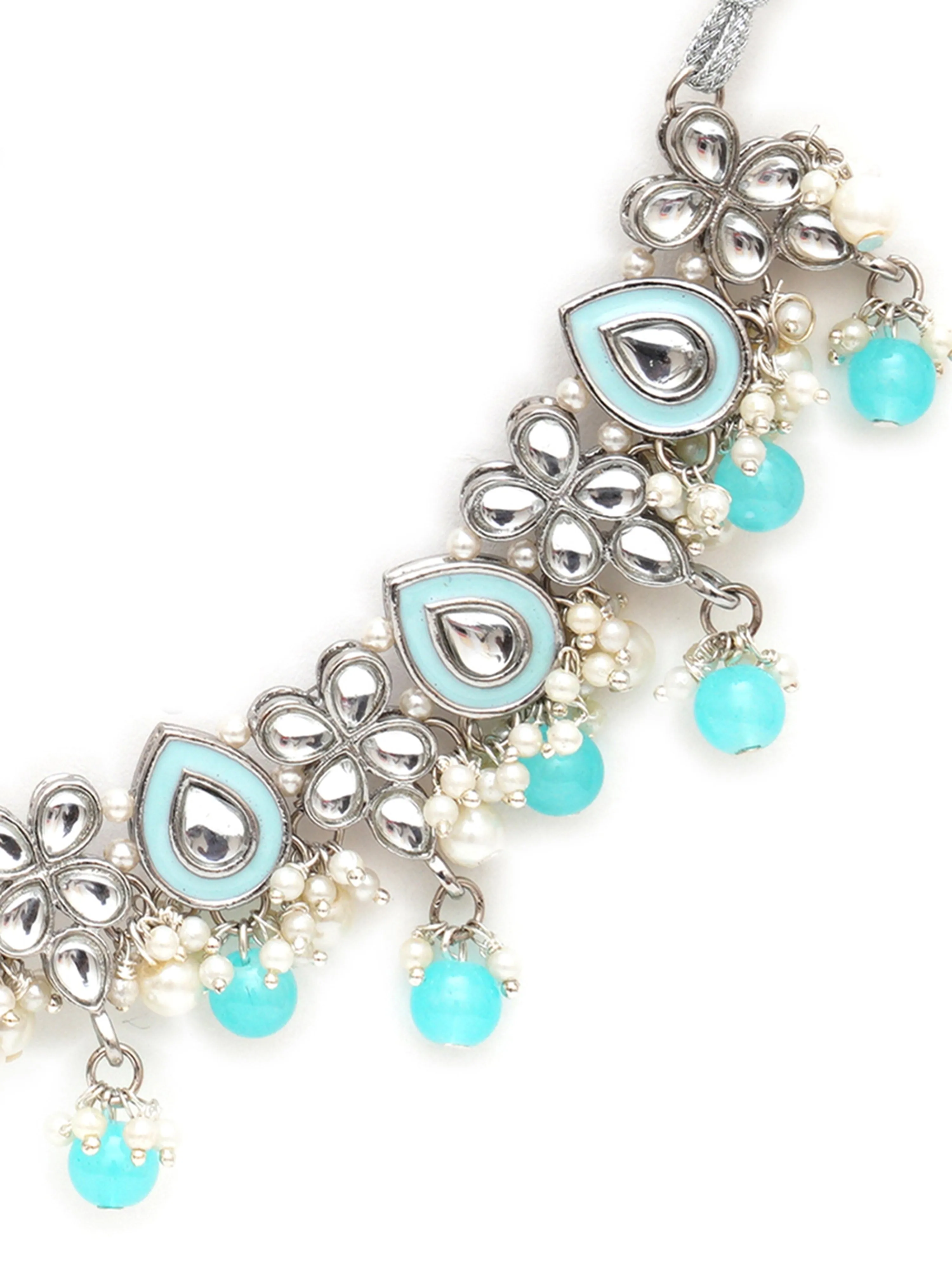 Karatcart Light Blue Beads Oxidised Silver Kundan Necklace Set for Women