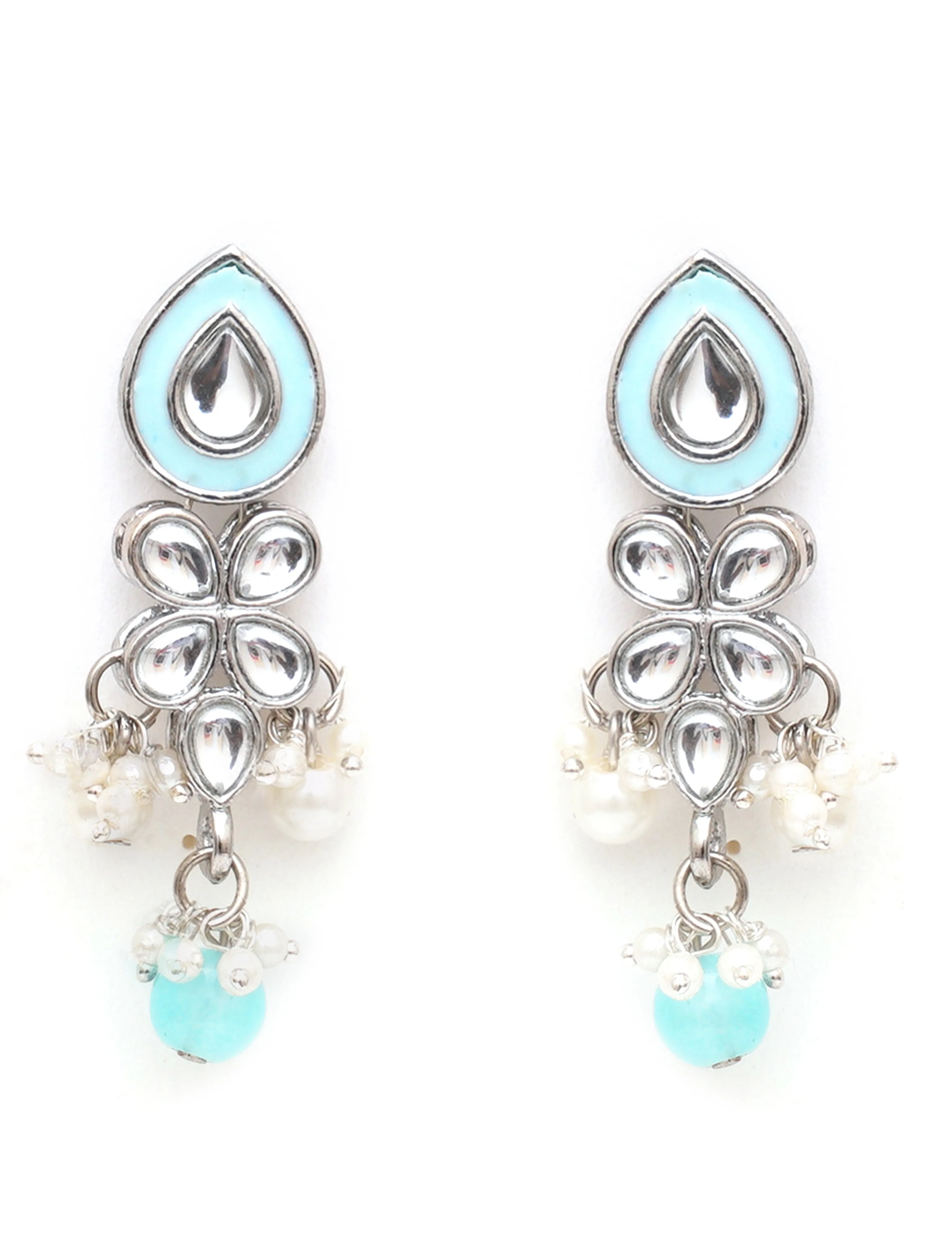 Karatcart Light Blue Beads Oxidised Silver Kundan Necklace Set for Women