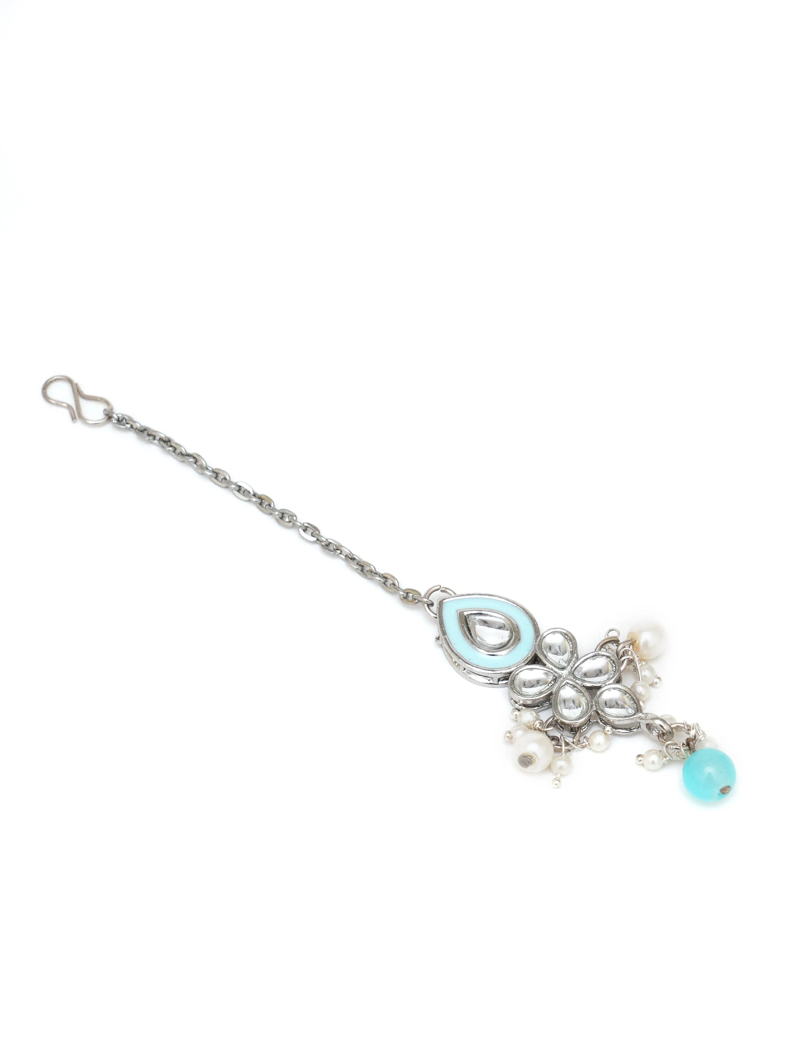 Karatcart Light Blue Beads Oxidised Silver Kundan Necklace Set for Women