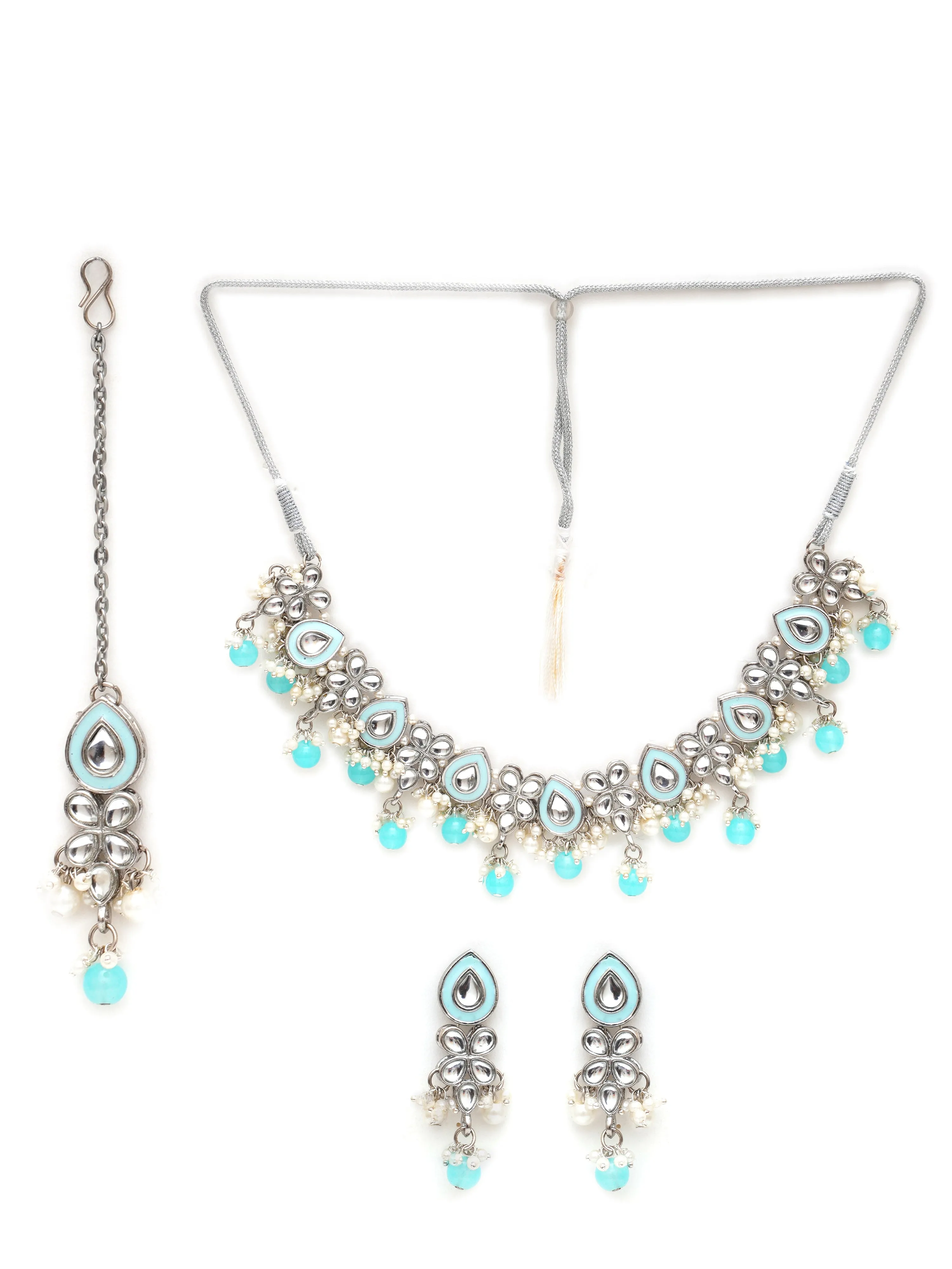 Karatcart Light Blue Beads Oxidised Silver Kundan Necklace Set for Women