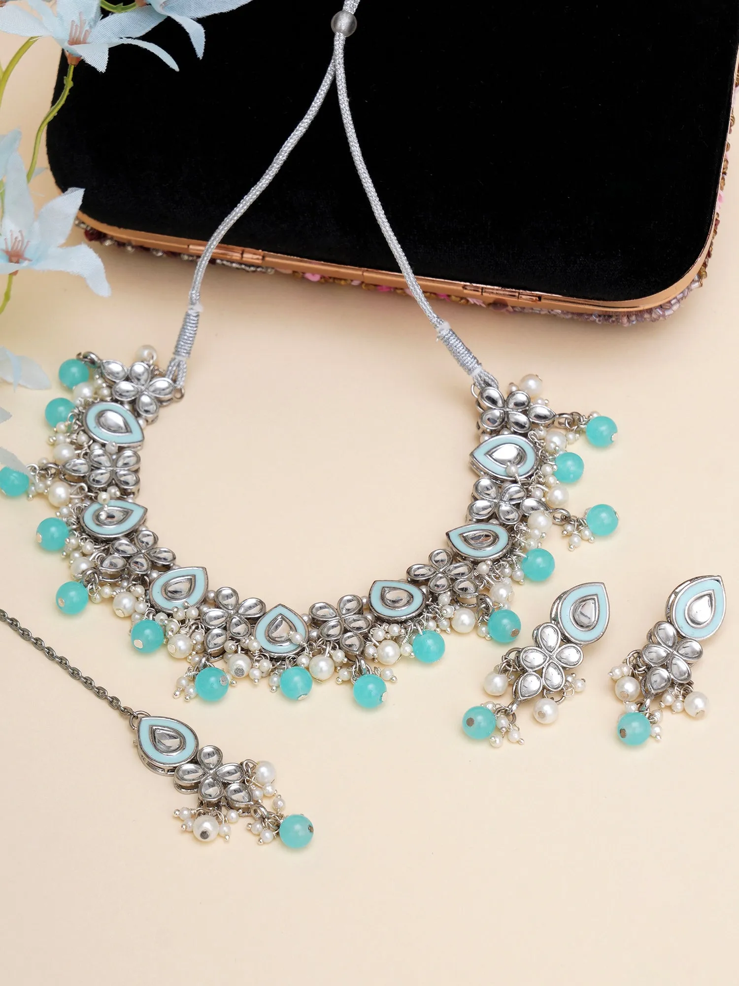 Karatcart Light Blue Beads Oxidised Silver Kundan Necklace Set for Women