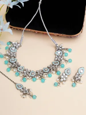 Karatcart Light Blue Beads Oxidised Silver Kundan Necklace Set for Women