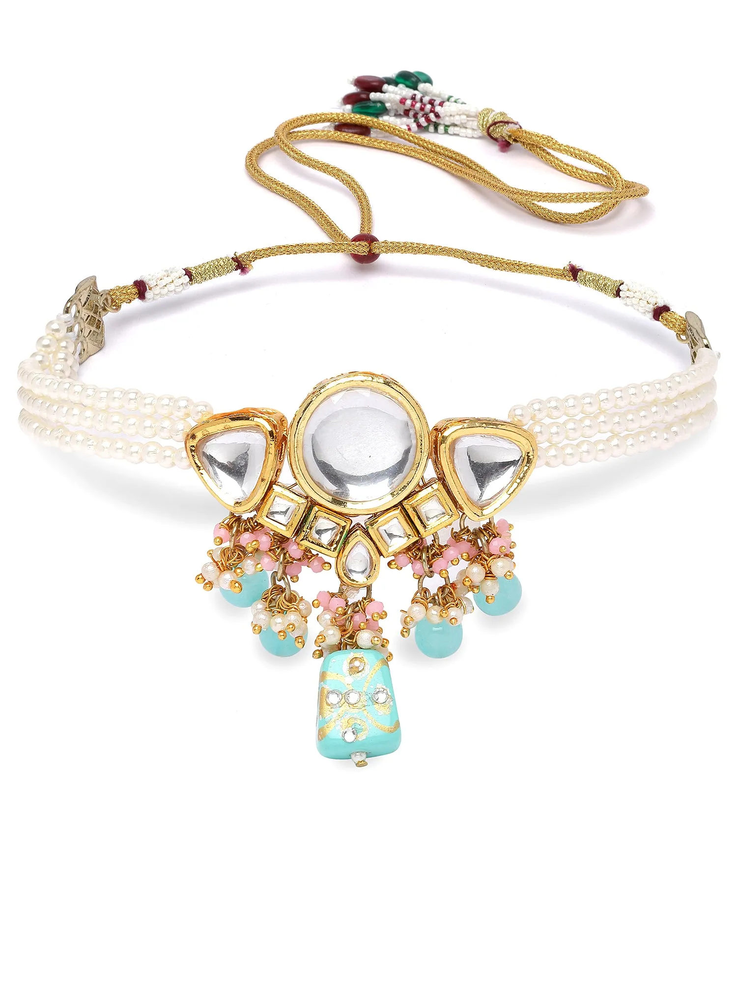 Karatcart Light Blue Tumble and Pearl Studded Polki Kundan Choker Necklace Set for Women