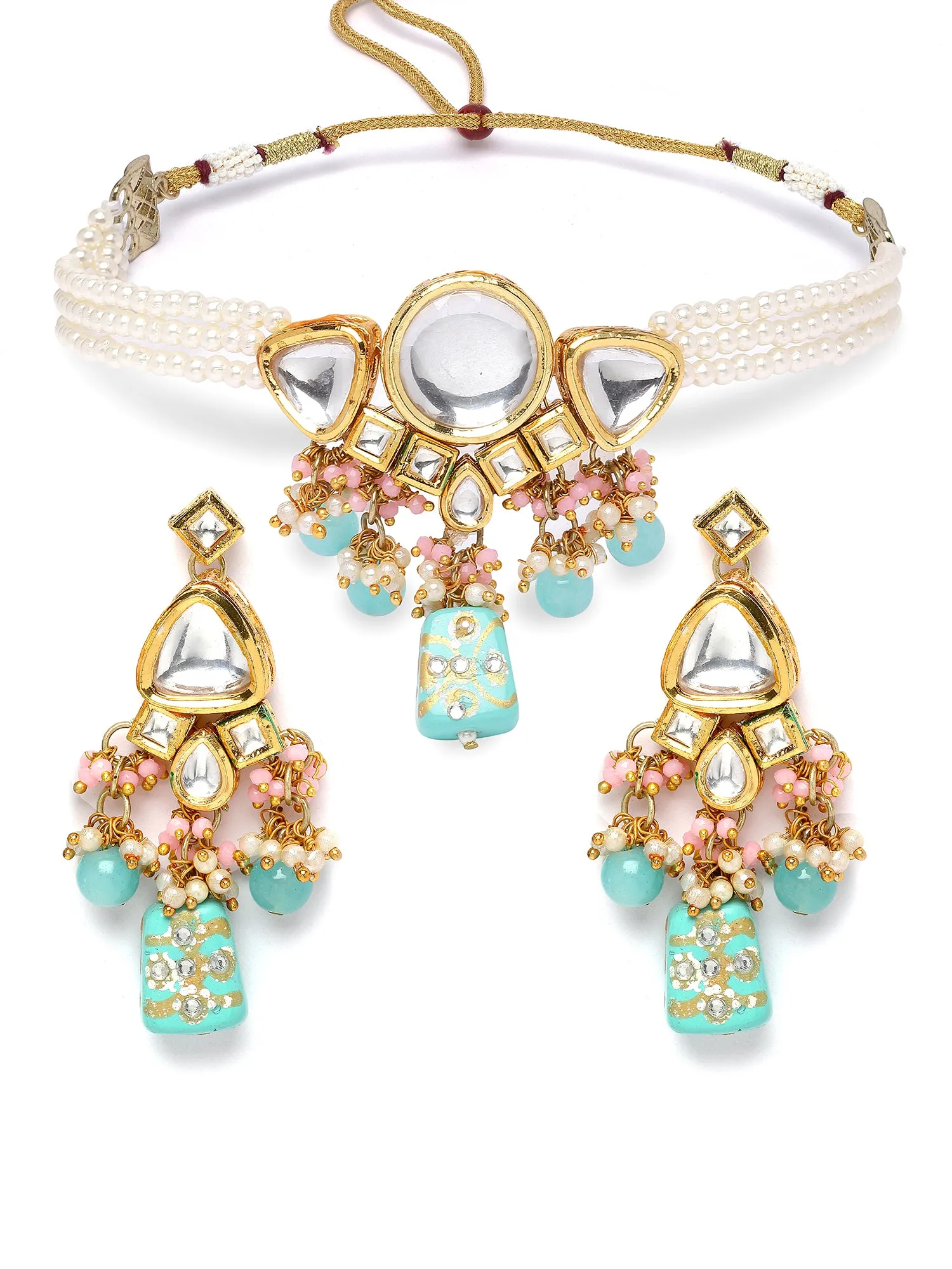 Karatcart Light Blue Tumble and Pearl Studded Polki Kundan Choker Necklace Set for Women