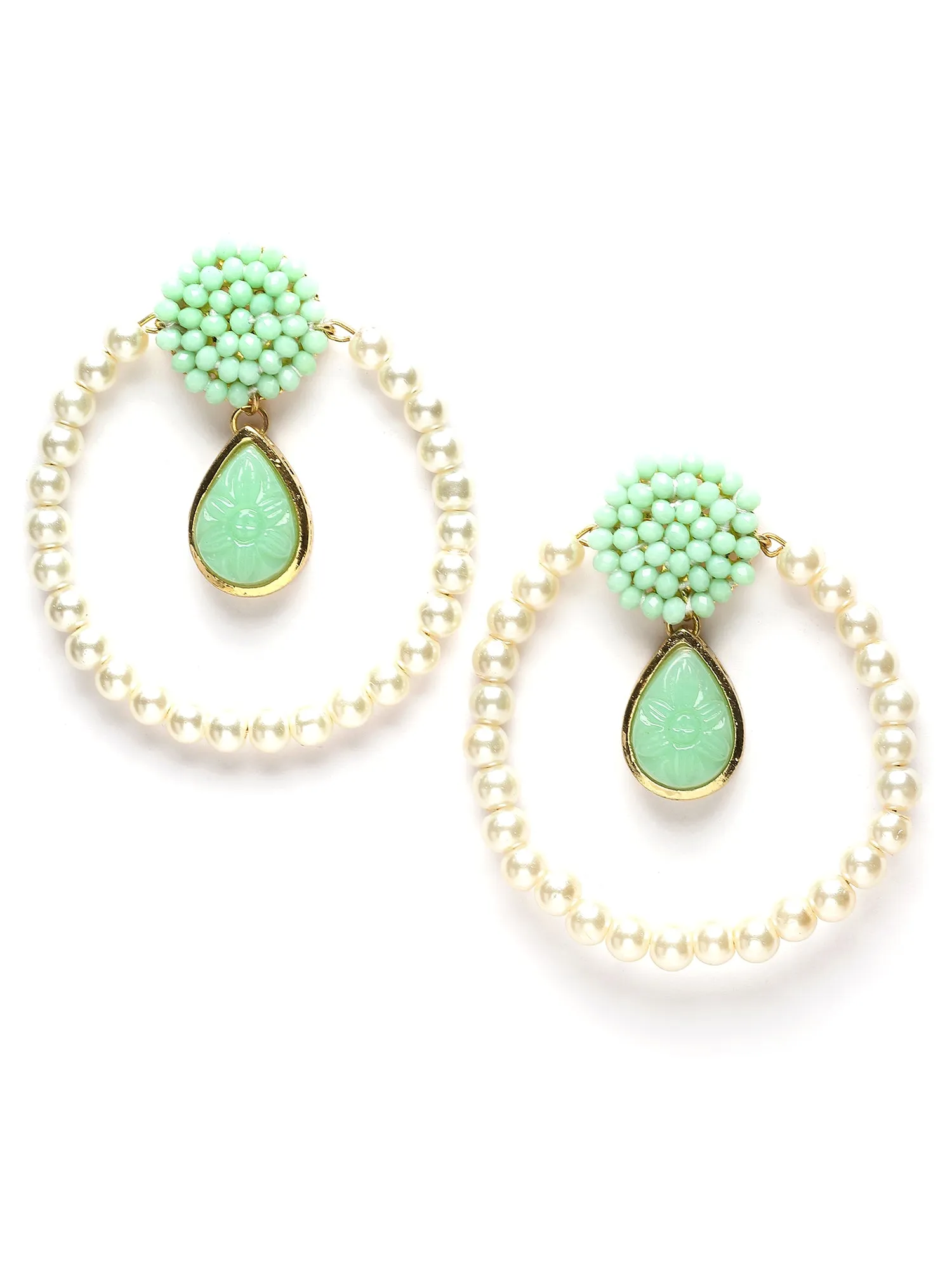 Karatcart Light Green Carved Stone and Crystal Studded Pearl Hoop Earring for Women