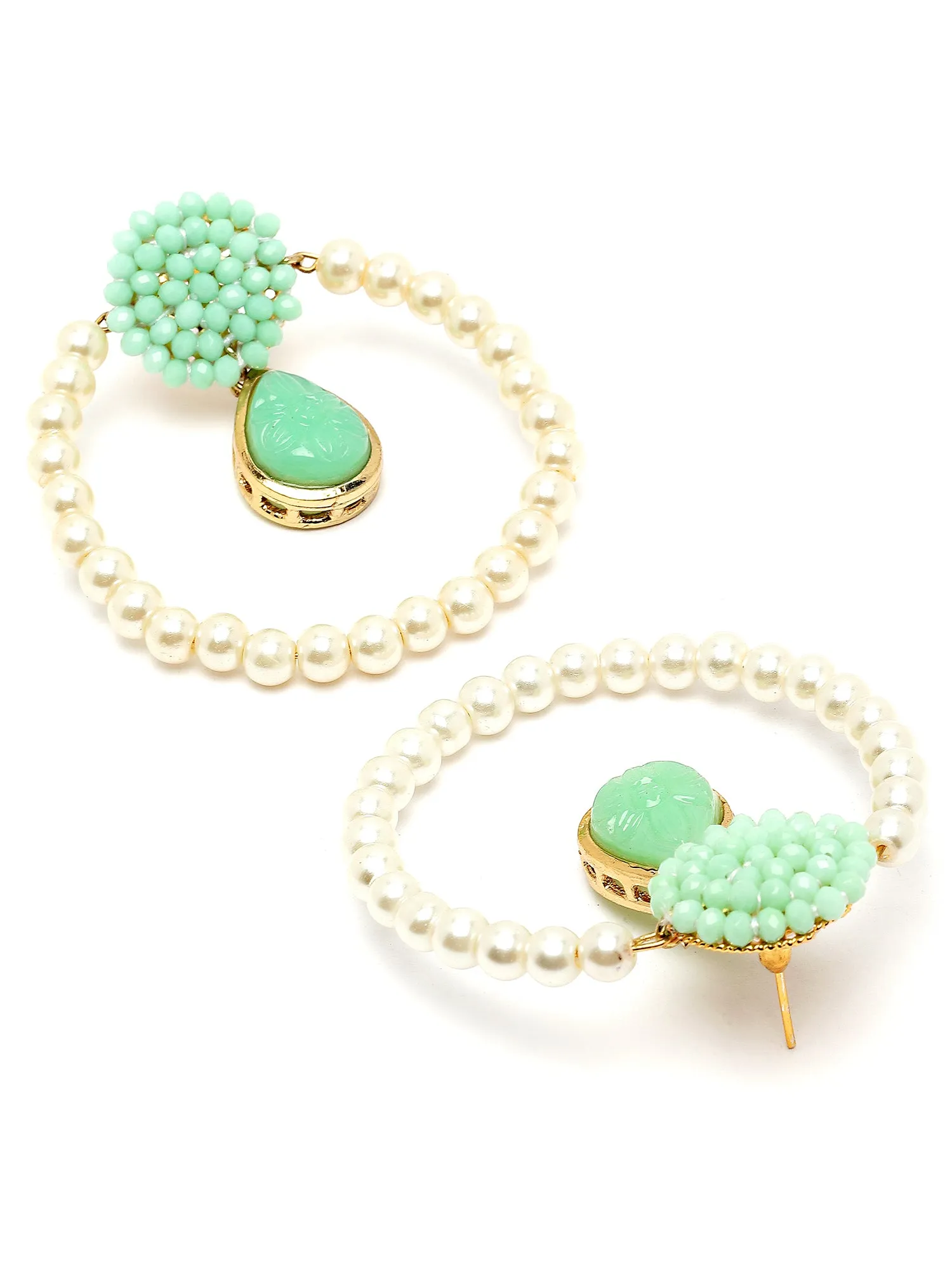 Karatcart Light Green Carved Stone and Crystal Studded Pearl Hoop Earring for Women