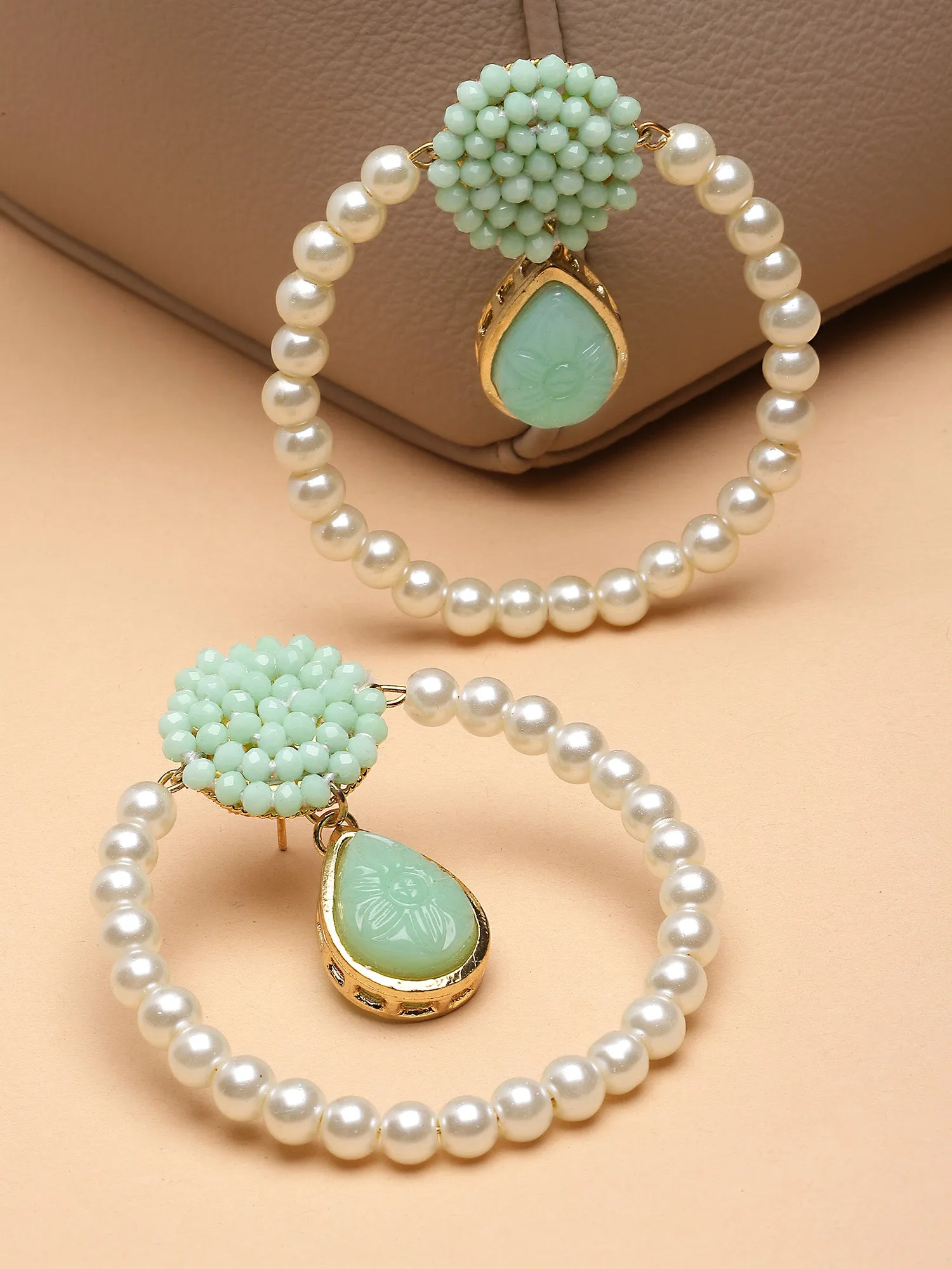 Karatcart Light Green Carved Stone and Crystal Studded Pearl Hoop Earring for Women