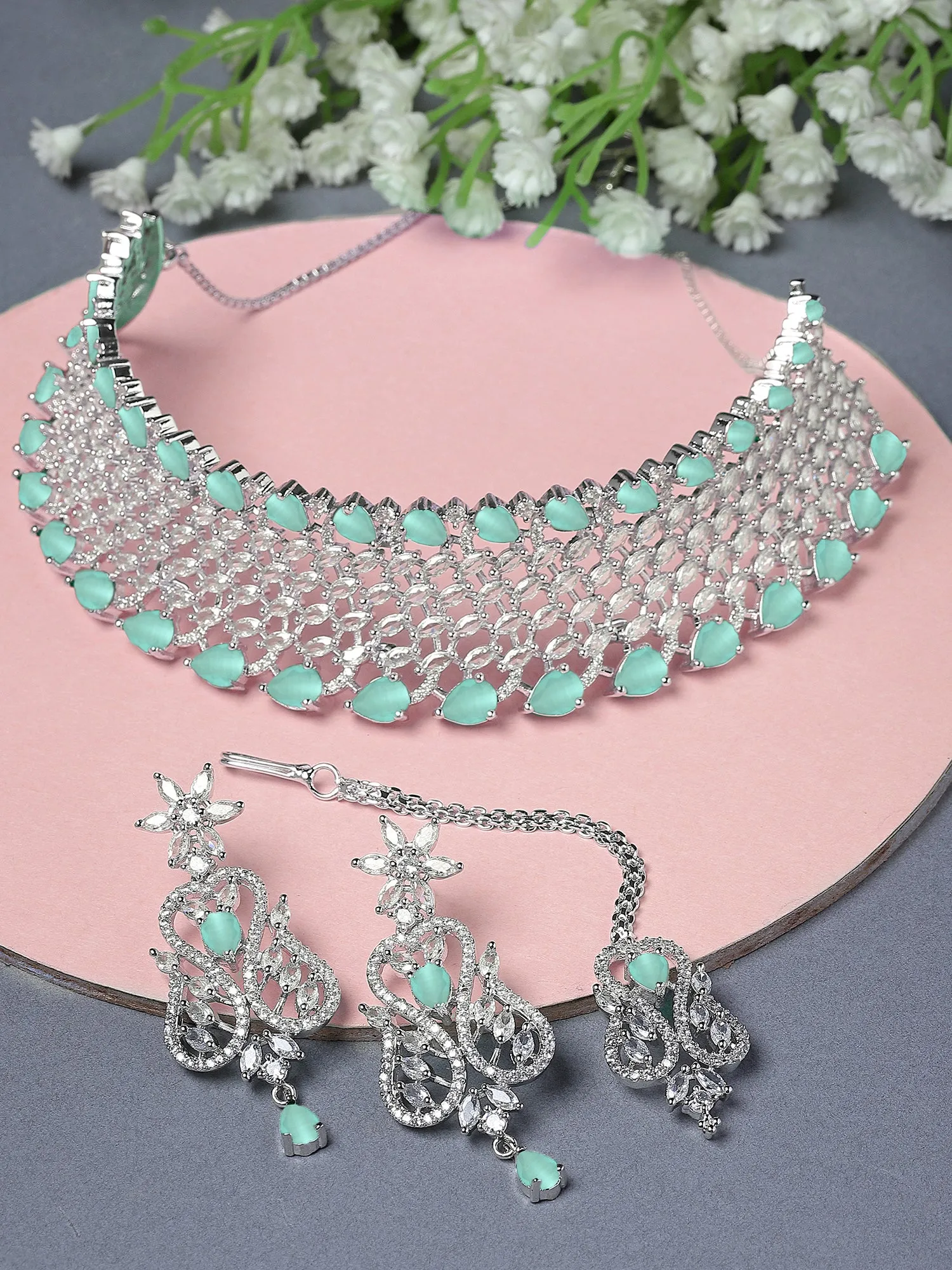 Karatcart Light Green Cubic Zirconia Silver Plated Choker Necklace Set for Women
