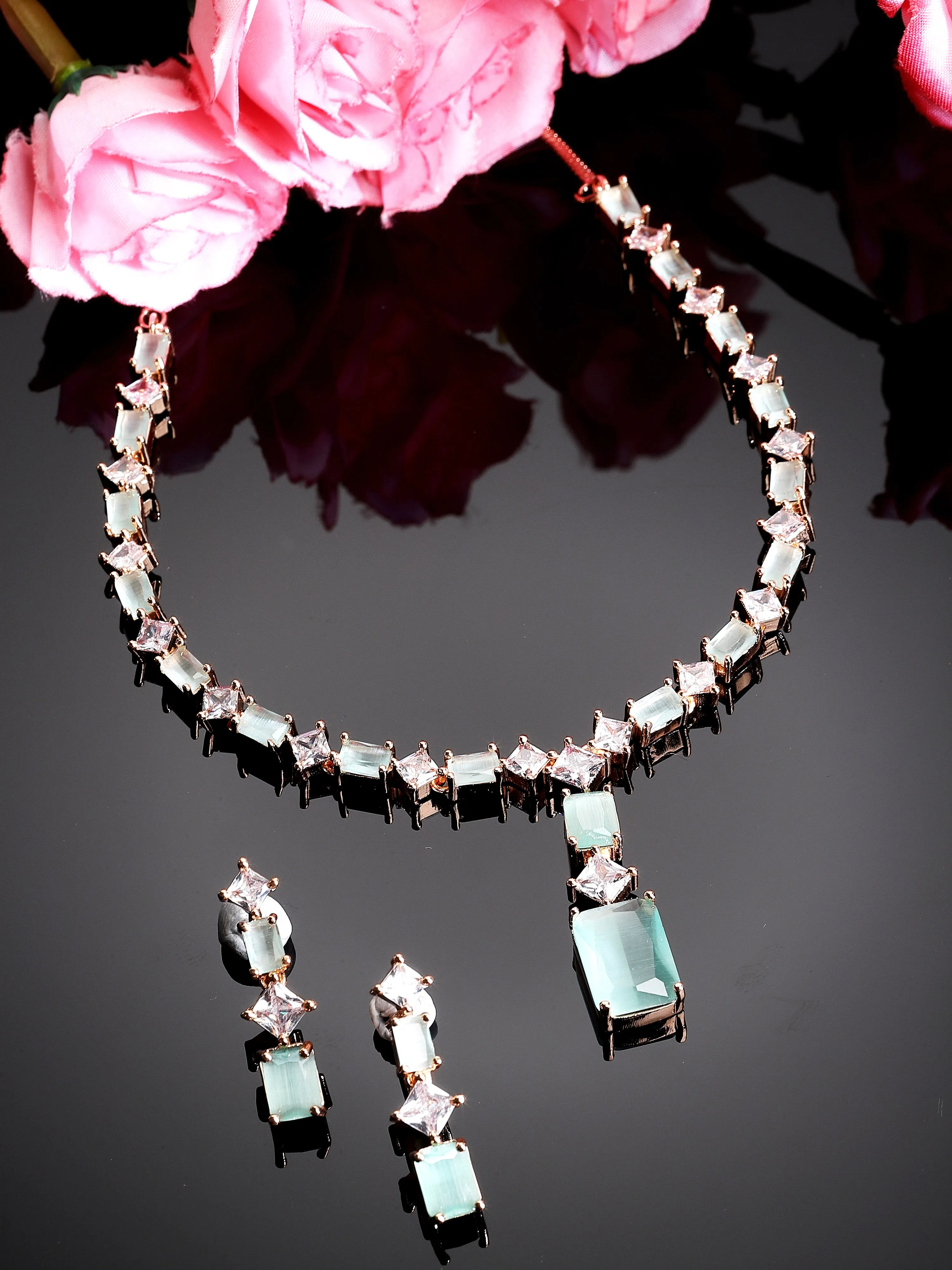 Karatcart Light Green Cubic Zirconia Studded Rose Gold Plated Necklace Set for Women