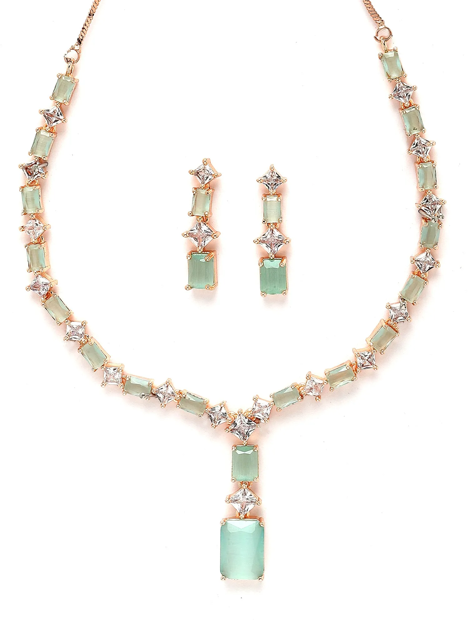 Karatcart Light Green Cubic Zirconia Studded Rose Gold Plated Necklace Set for Women