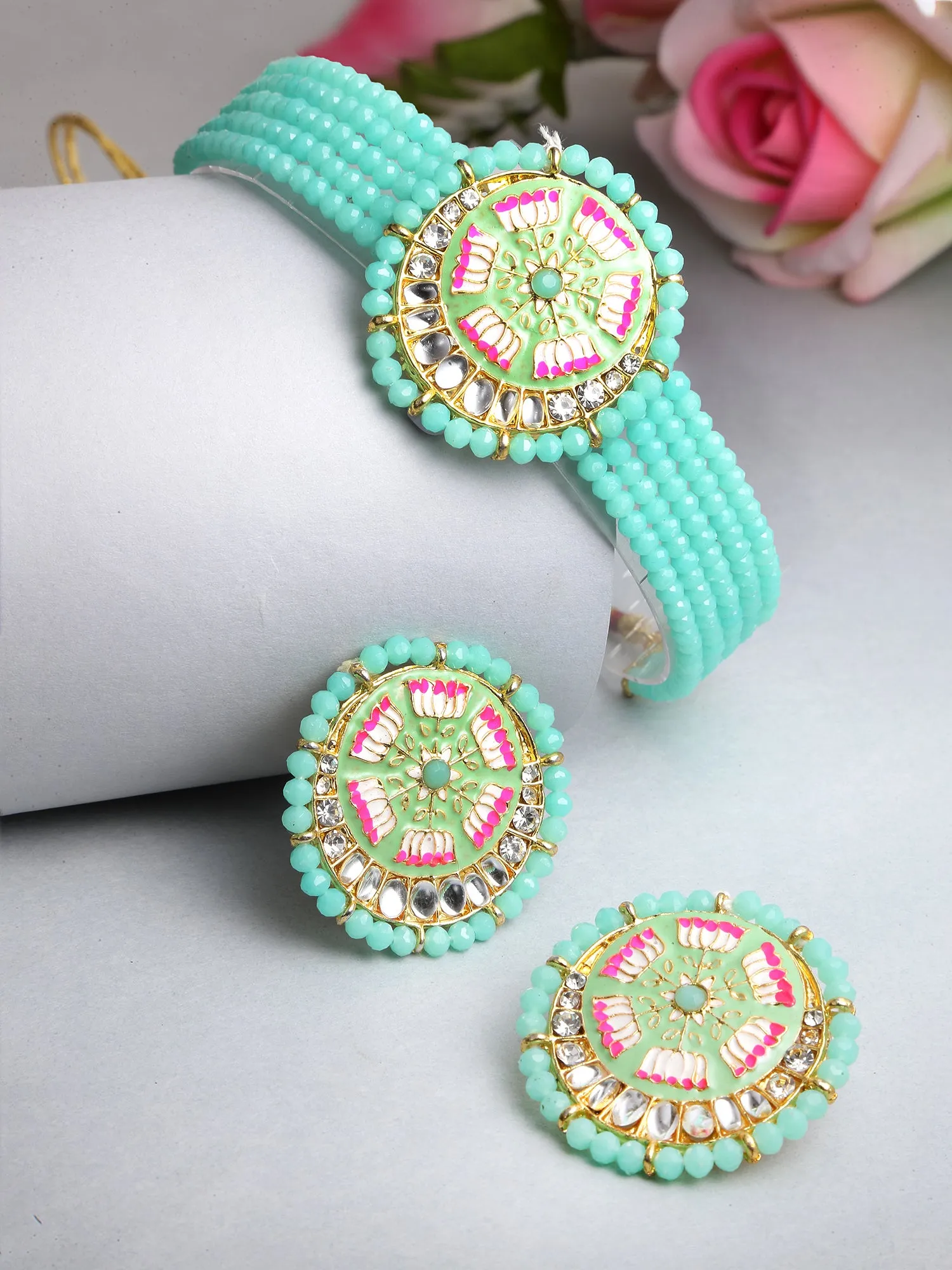 Karatcart Light Green Meena Lotus Design Crystal Choker Necklace Set for Women