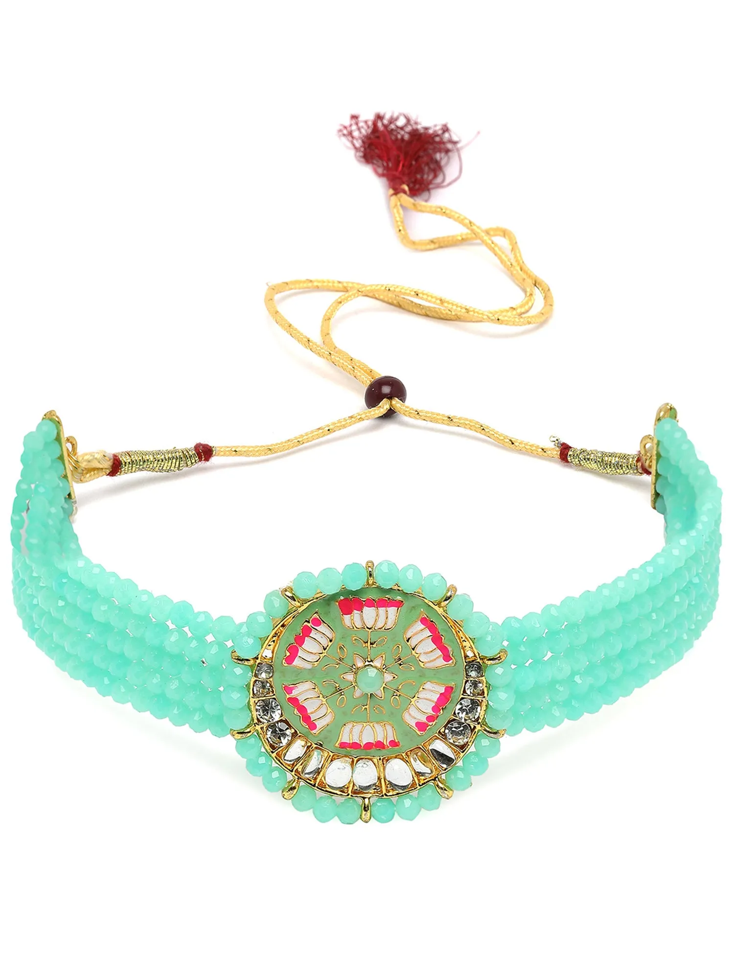 Karatcart Light Green Meena Lotus Design Crystal Choker Necklace Set for Women