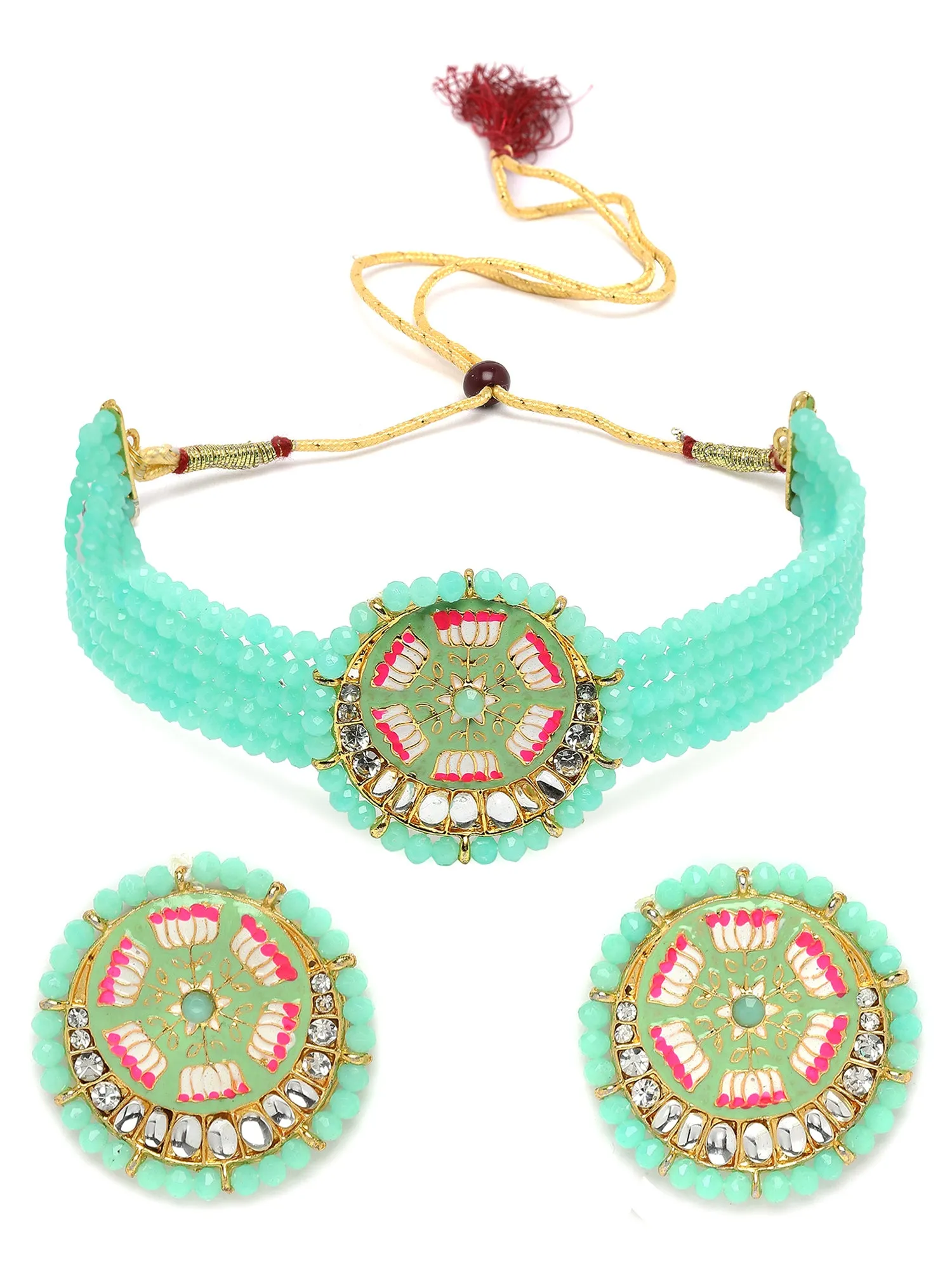 Karatcart Light Green Meena Lotus Design Crystal Choker Necklace Set for Women